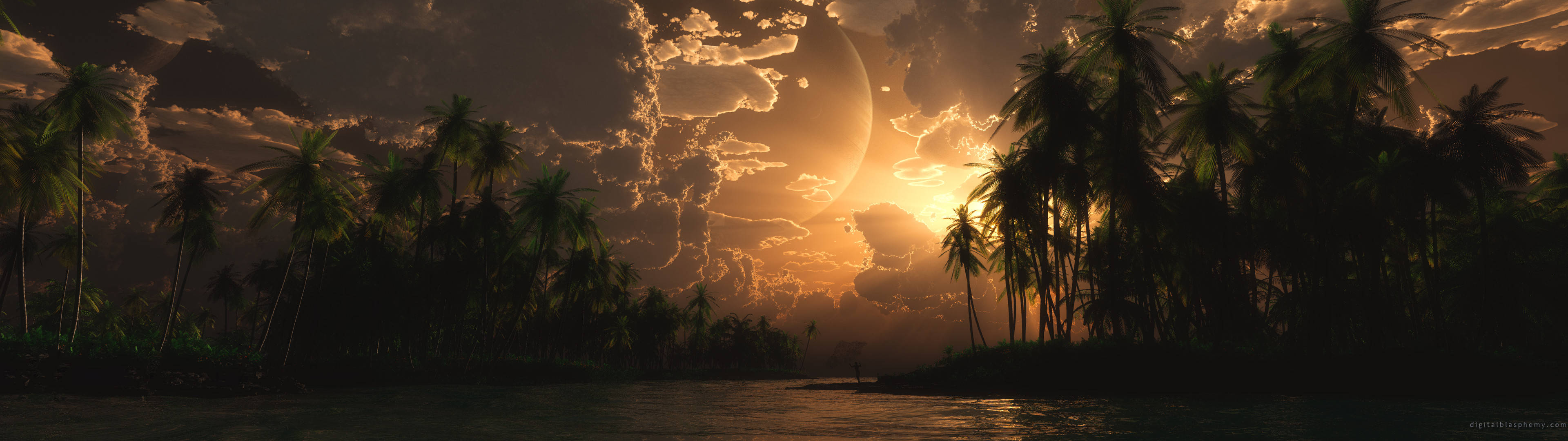3840x1080, HD Dual Monitor, surreal tropical sunset, 4K Desktop Wallpaper