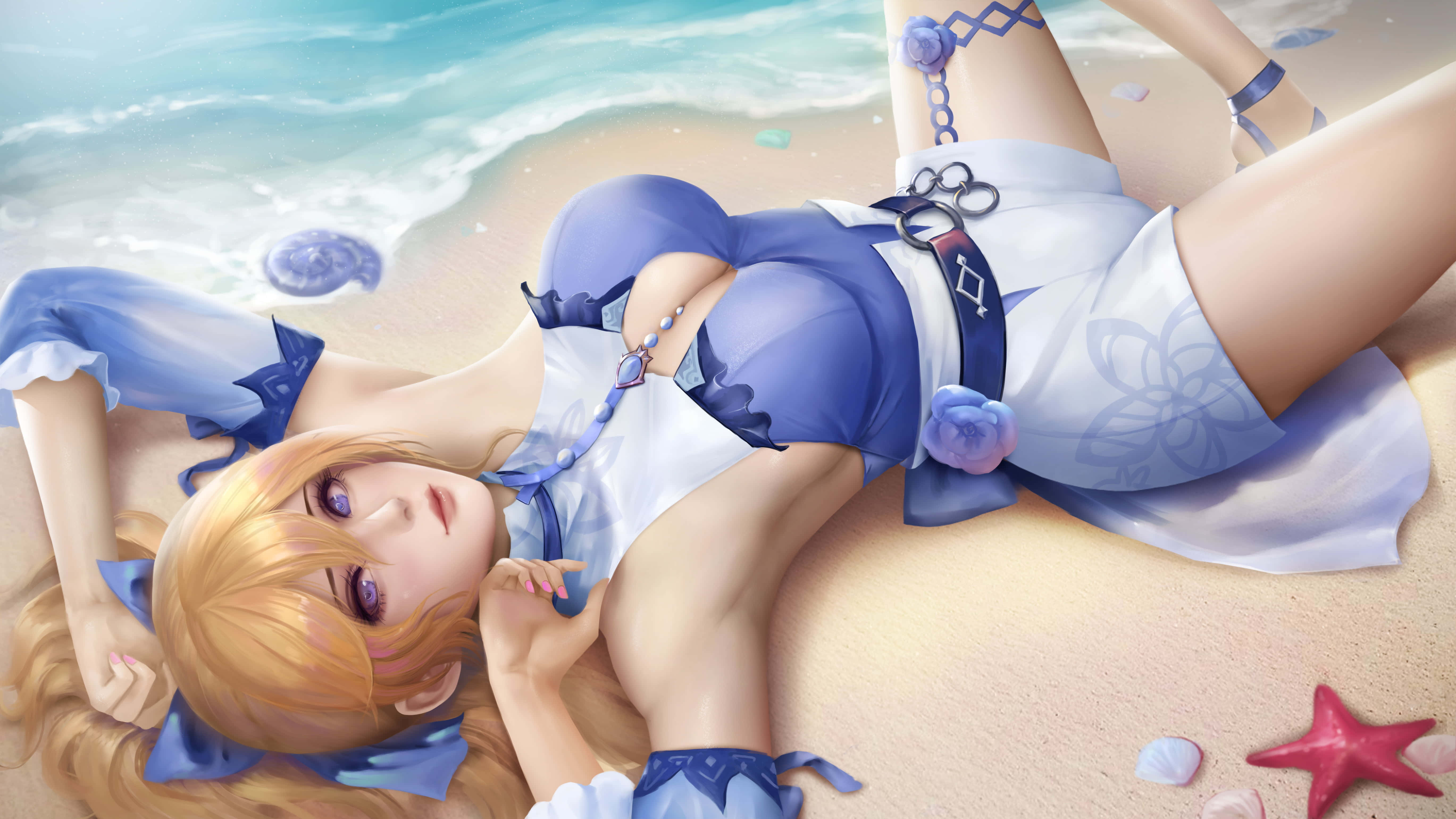 Beach Games, blonde anime girl, blue and white swimsuit, 5K Desktop Wallpaper