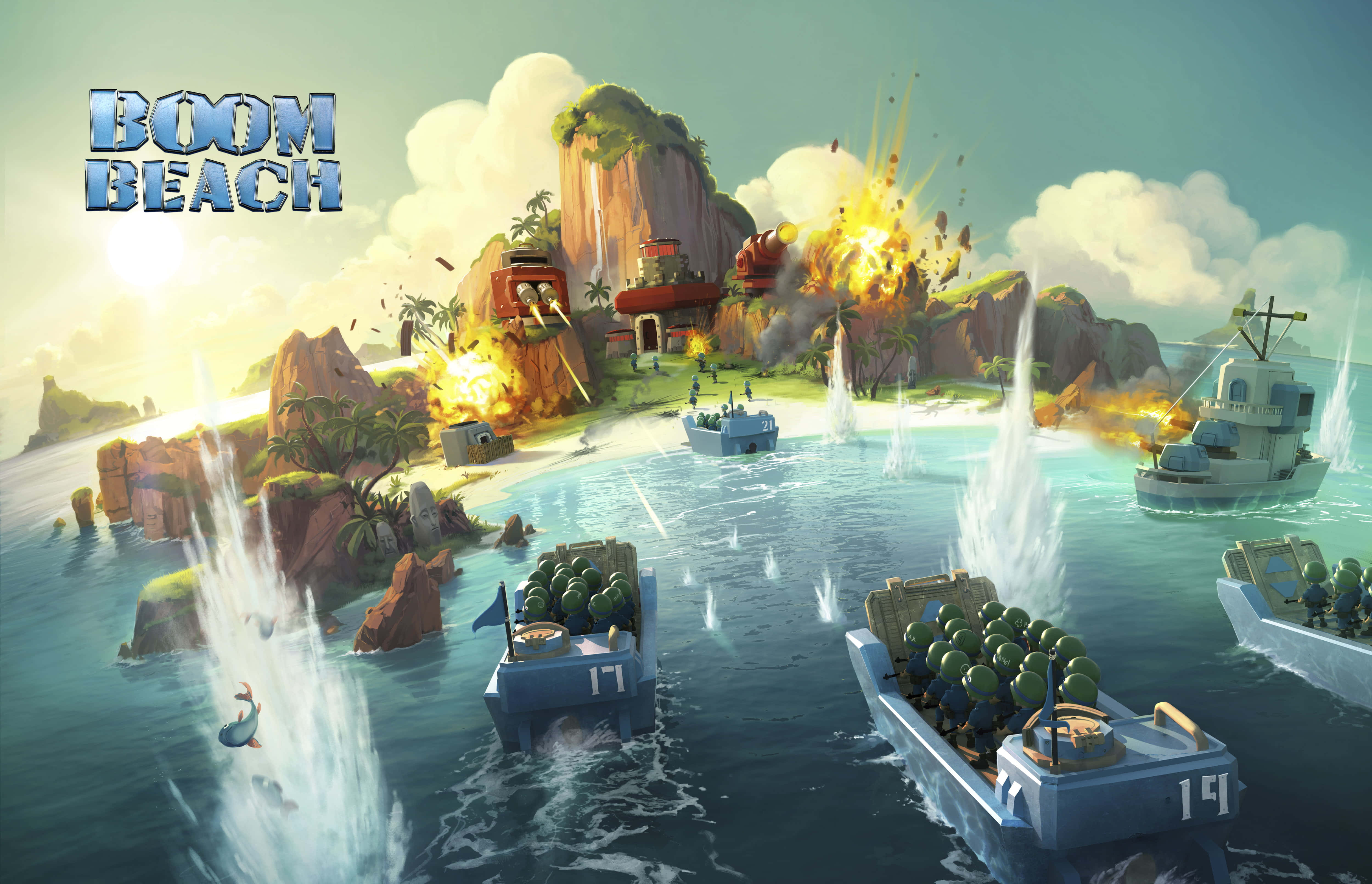 Beach Games 5000, tropical island fortress, warships, 4K Desktop Wallpaper