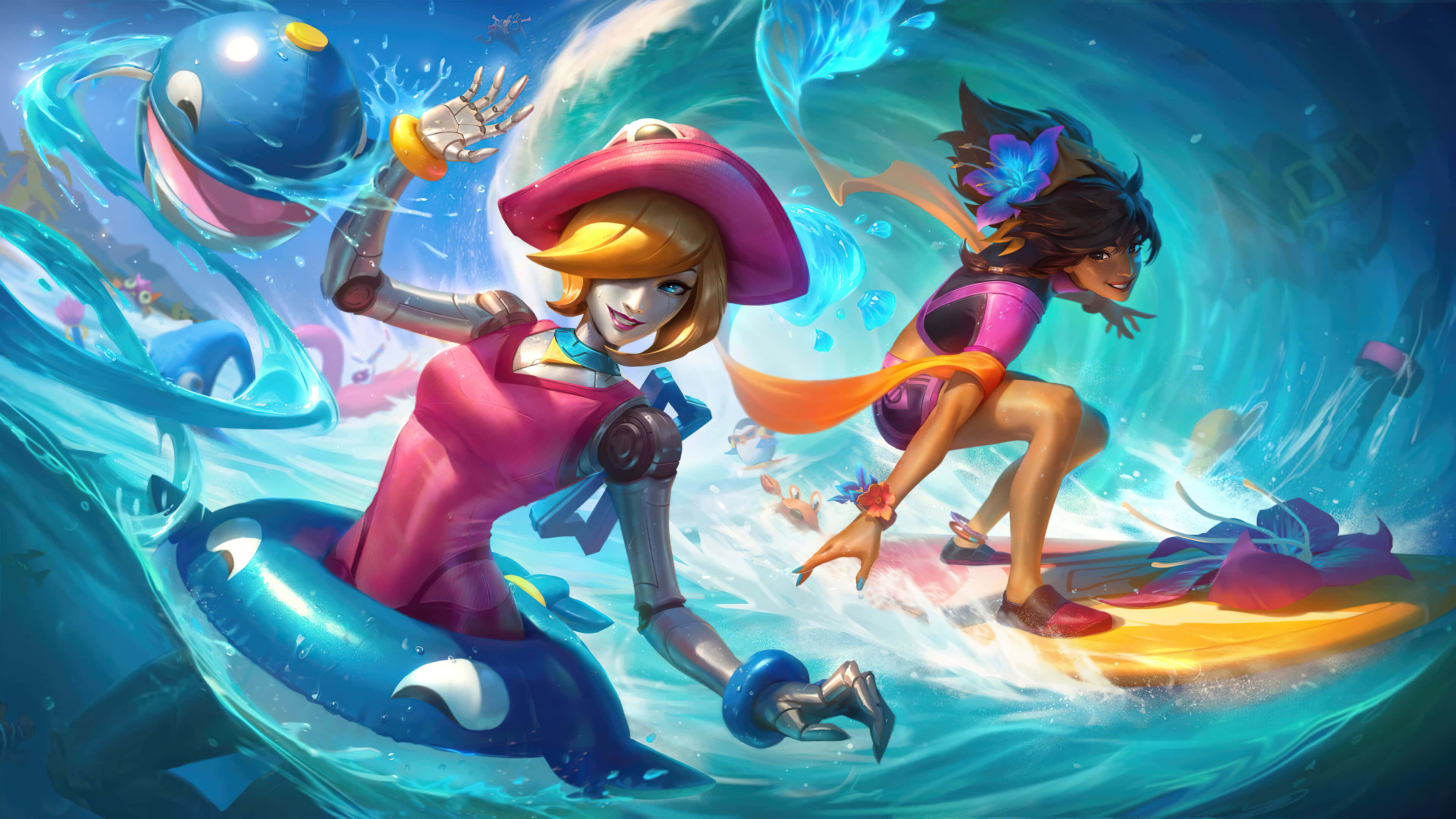 Beach Games, vibrant waves, playful dolphins, 4K Desktop Wallpaper