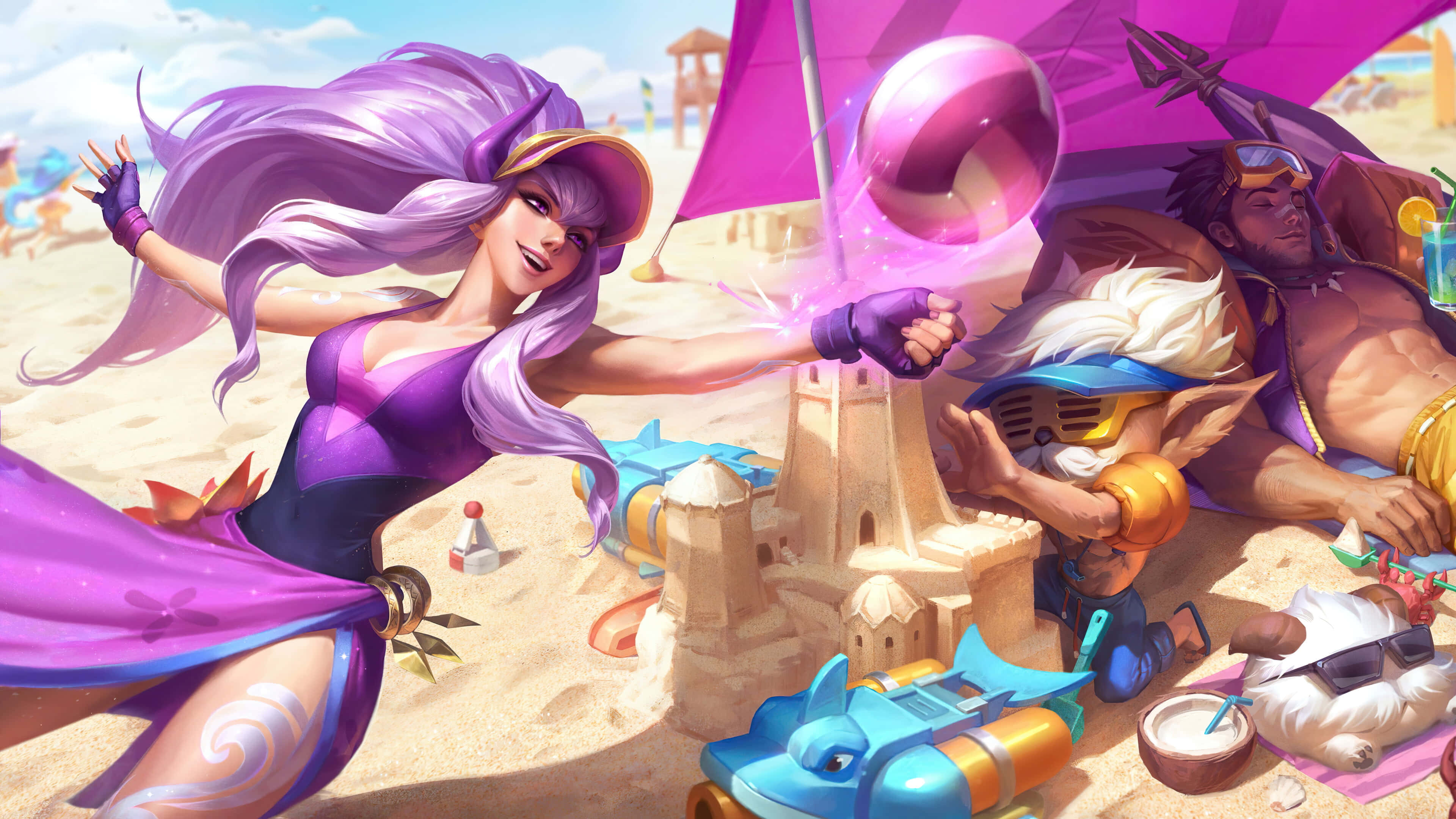 Beach Games, purple-haired woman, magic, 4K Desktop Wallpaper