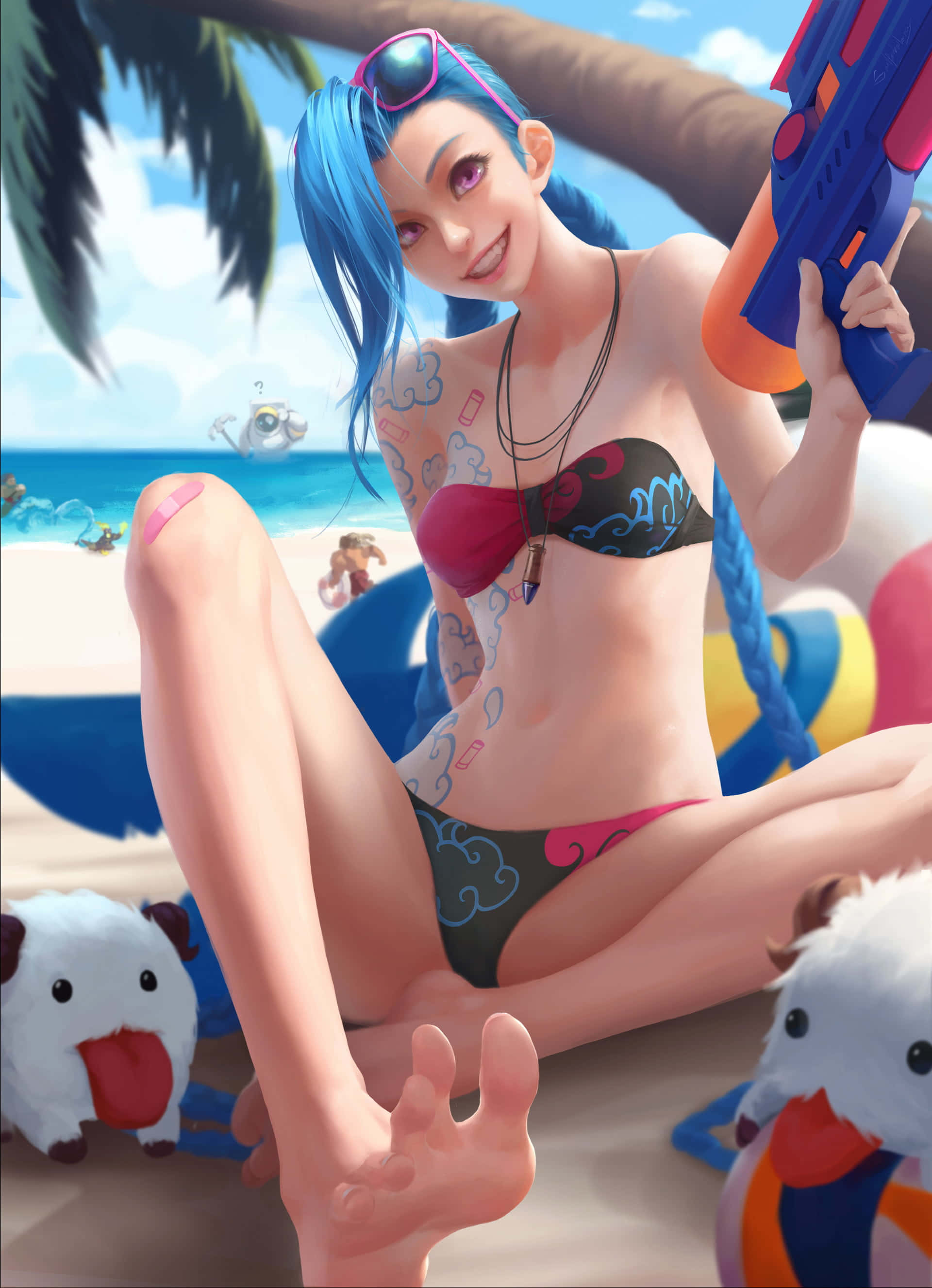 blue-haired anime girl, bikini, water gun, 2K Phone Wallpaper