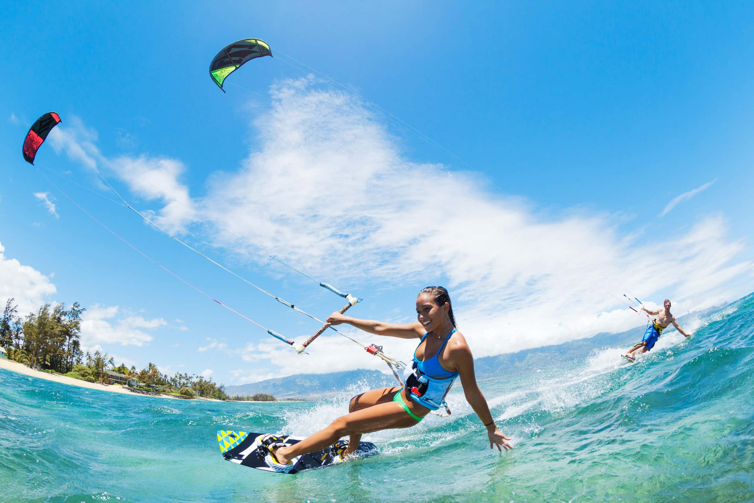kitesurfs, turquoise waves, bright blue sky, 2K Desktop Wallpaper
