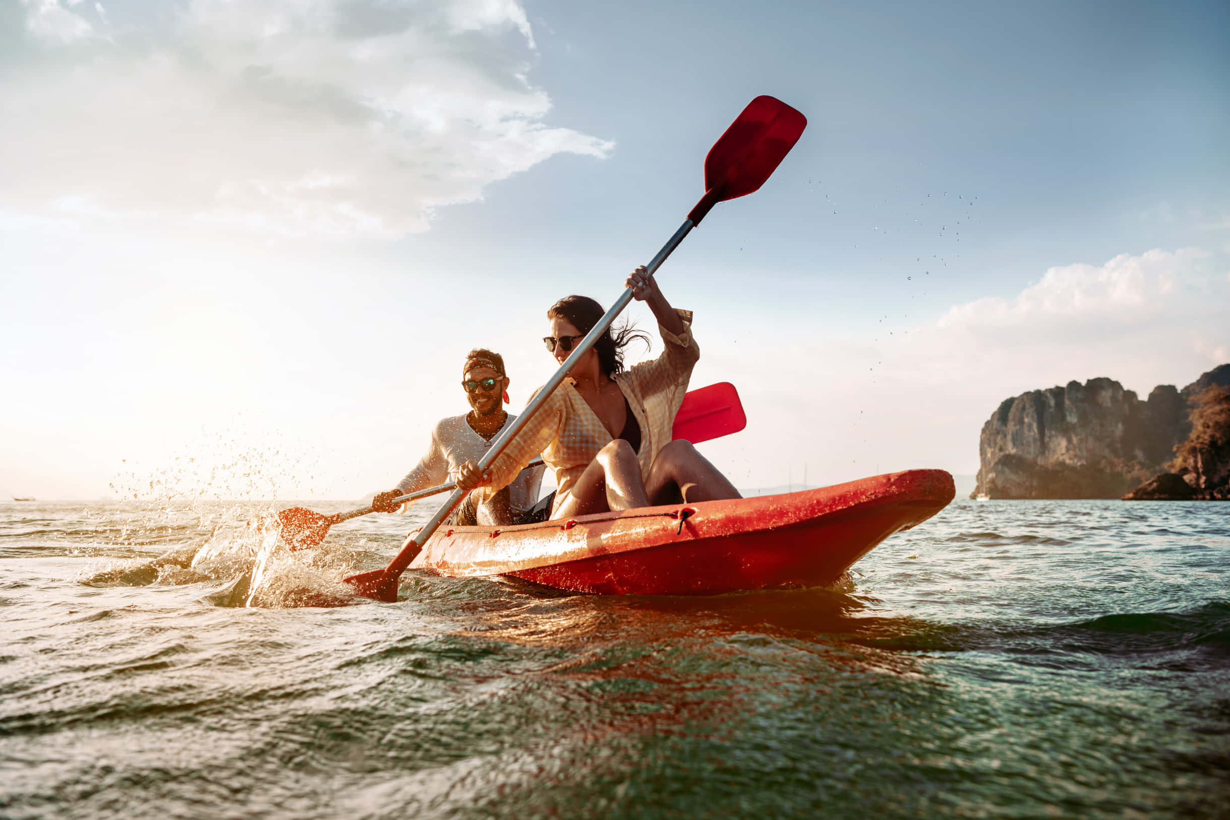 red kayak, sunlit turquoise water, rocky cliffs, Full HD Desktop Wallpaper