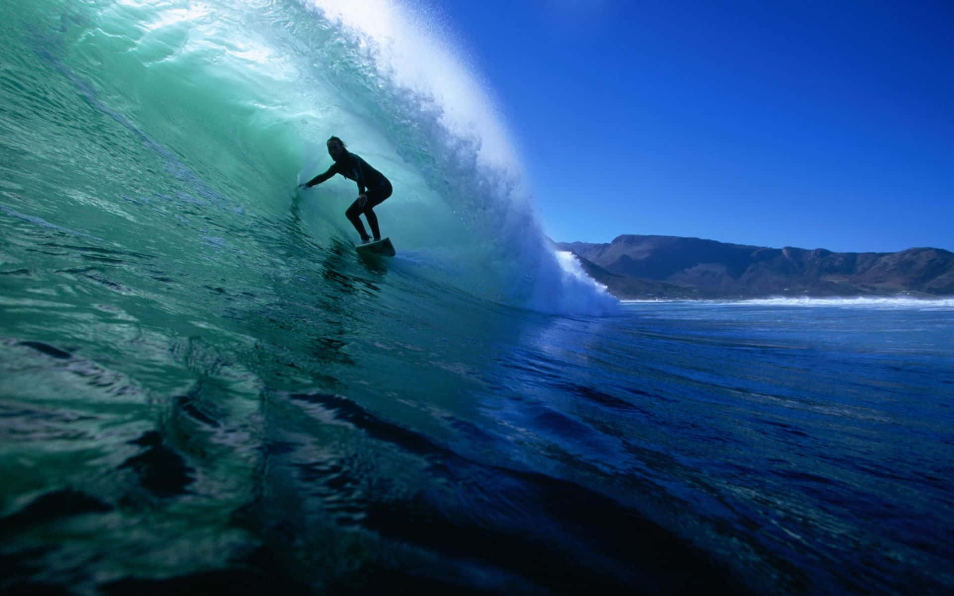 turquoise wave, clear blue sky, distant mountains, Full HD Desktop Wallpaper
