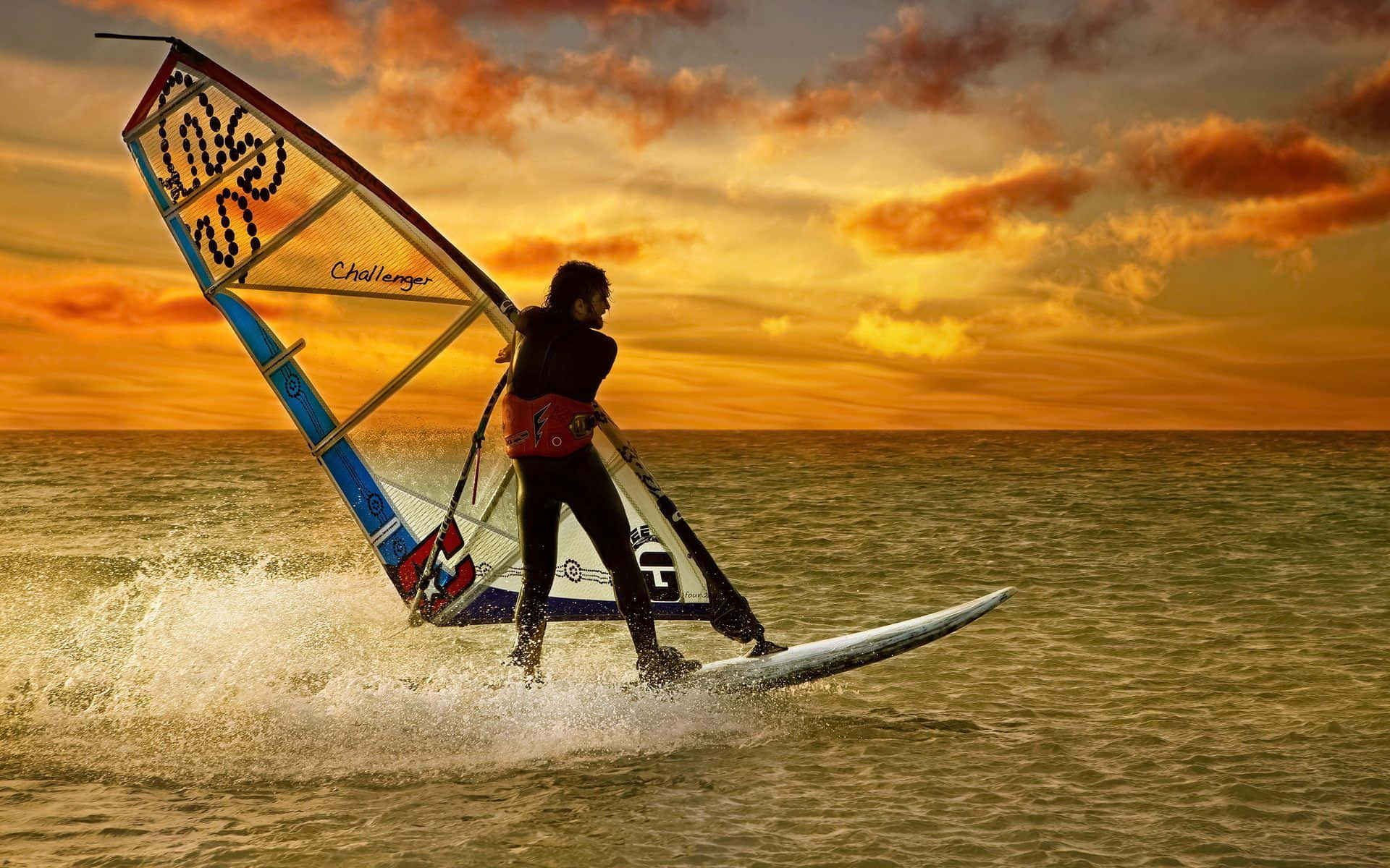 windsurfer, golden waters, sunset, Full HD Desktop Wallpaper