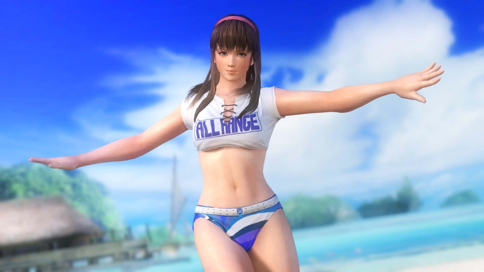 Beach Games, white crop top, blue striped bikini, Full HD Desktop Wallpaper
