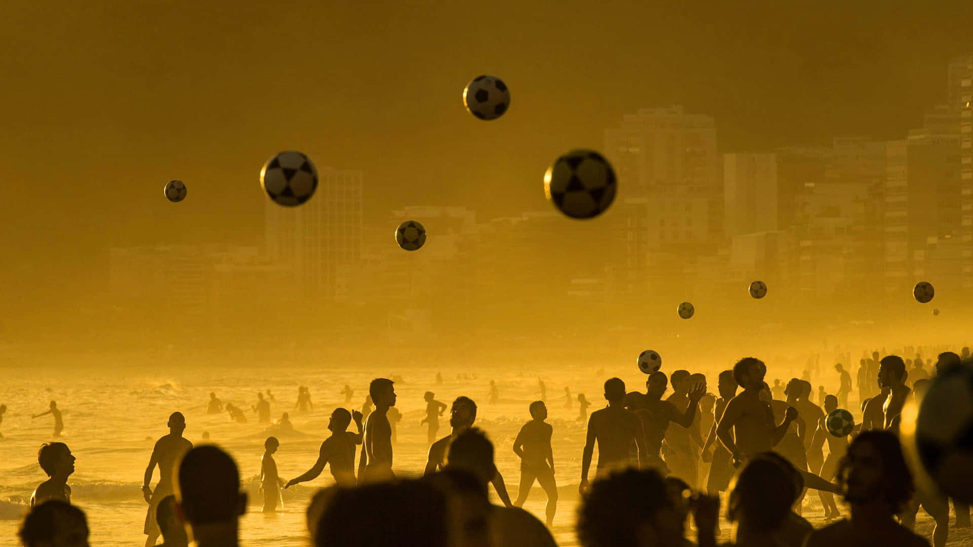 Beach Games, golden sunset, floating balls, Full HD Desktop Wallpaper