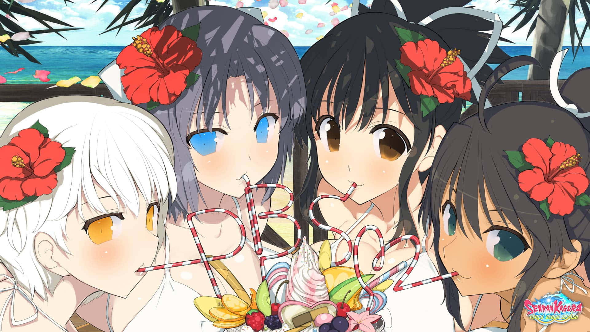 beach games, anime girls, hibiscus flowers, Full HD Desktop Wallpaper