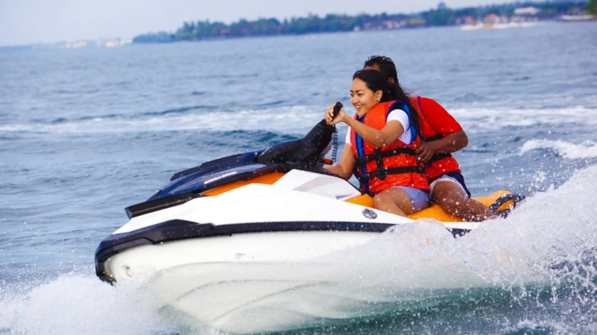 white orange jet ski, blue ocean water, life vests, Full HD Desktop Wallpaper