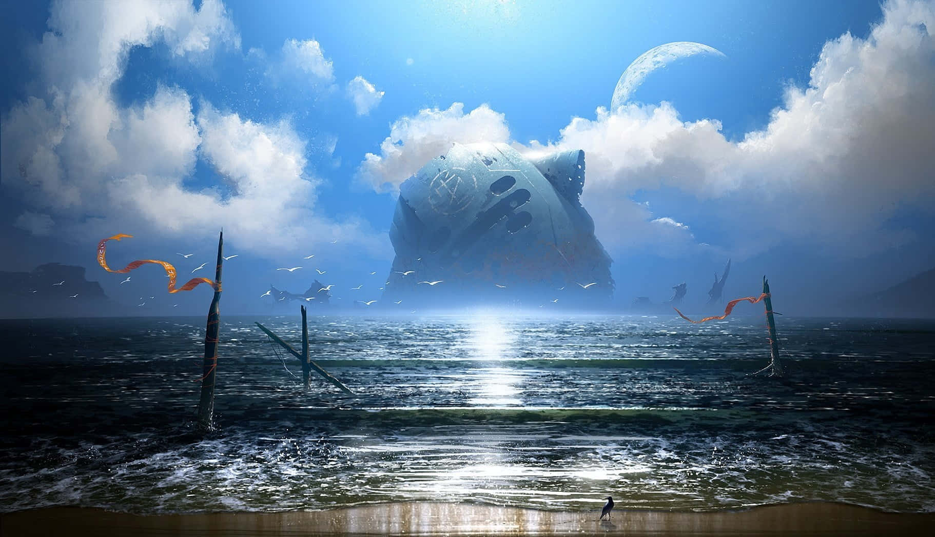 beach games, colossal alien spaceship, stormy ocean, HD Desktop Wallpaper