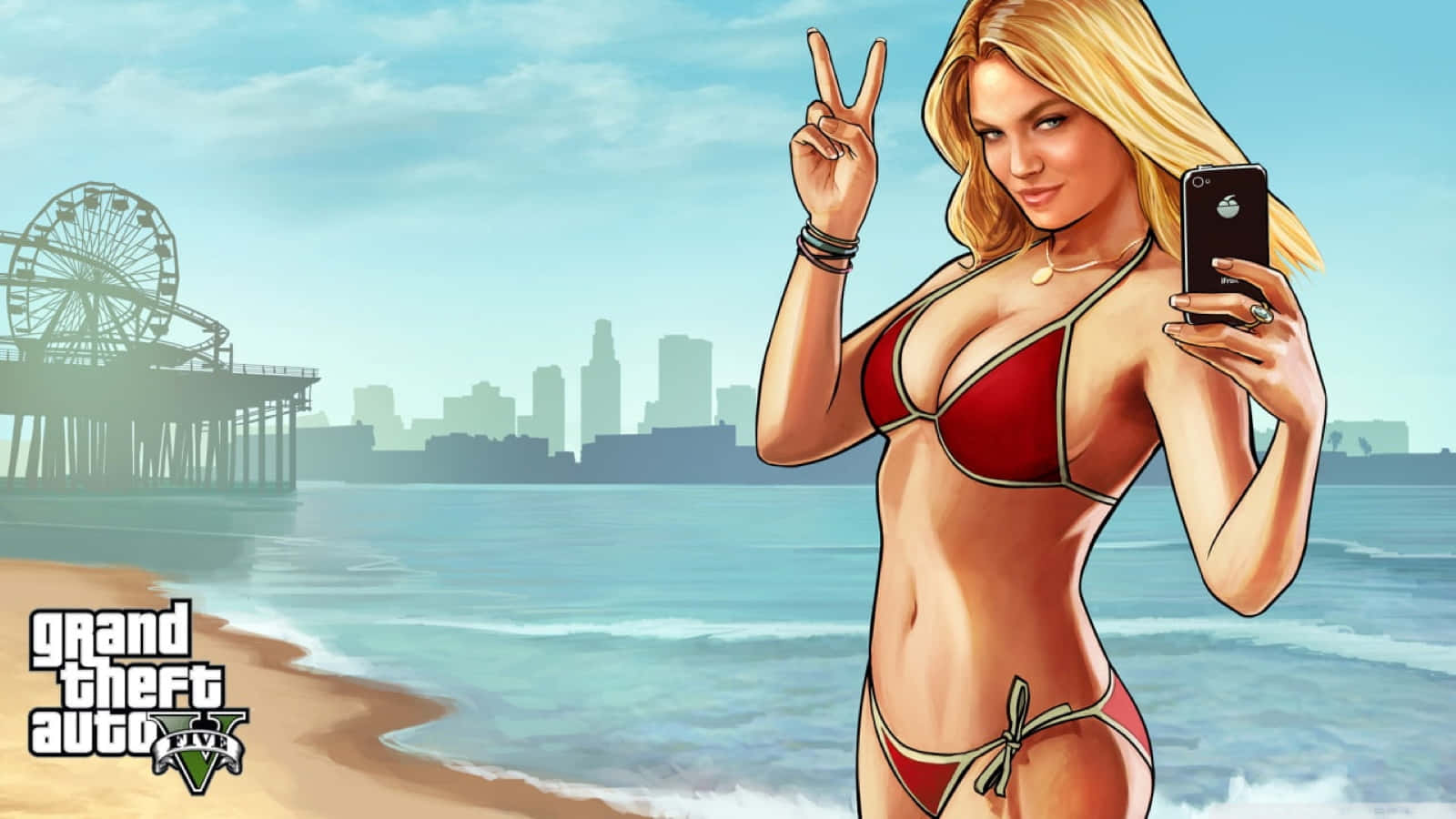 beach games, Ferris wheel, city skyline, HD Desktop Wallpaper