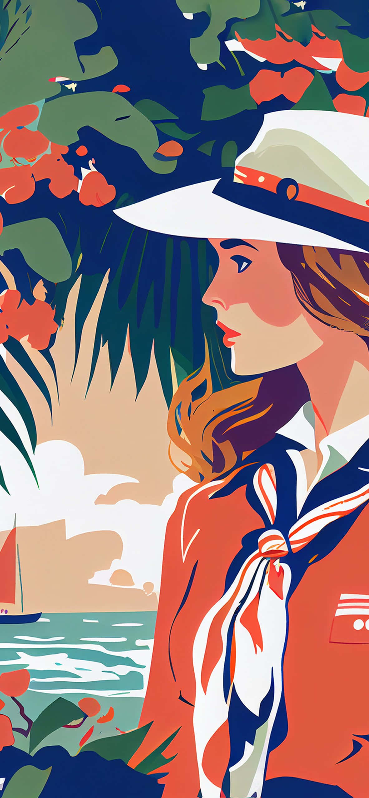 elegant preppy girl, tropical beach, sailboats, 2K Phone Wallpaper