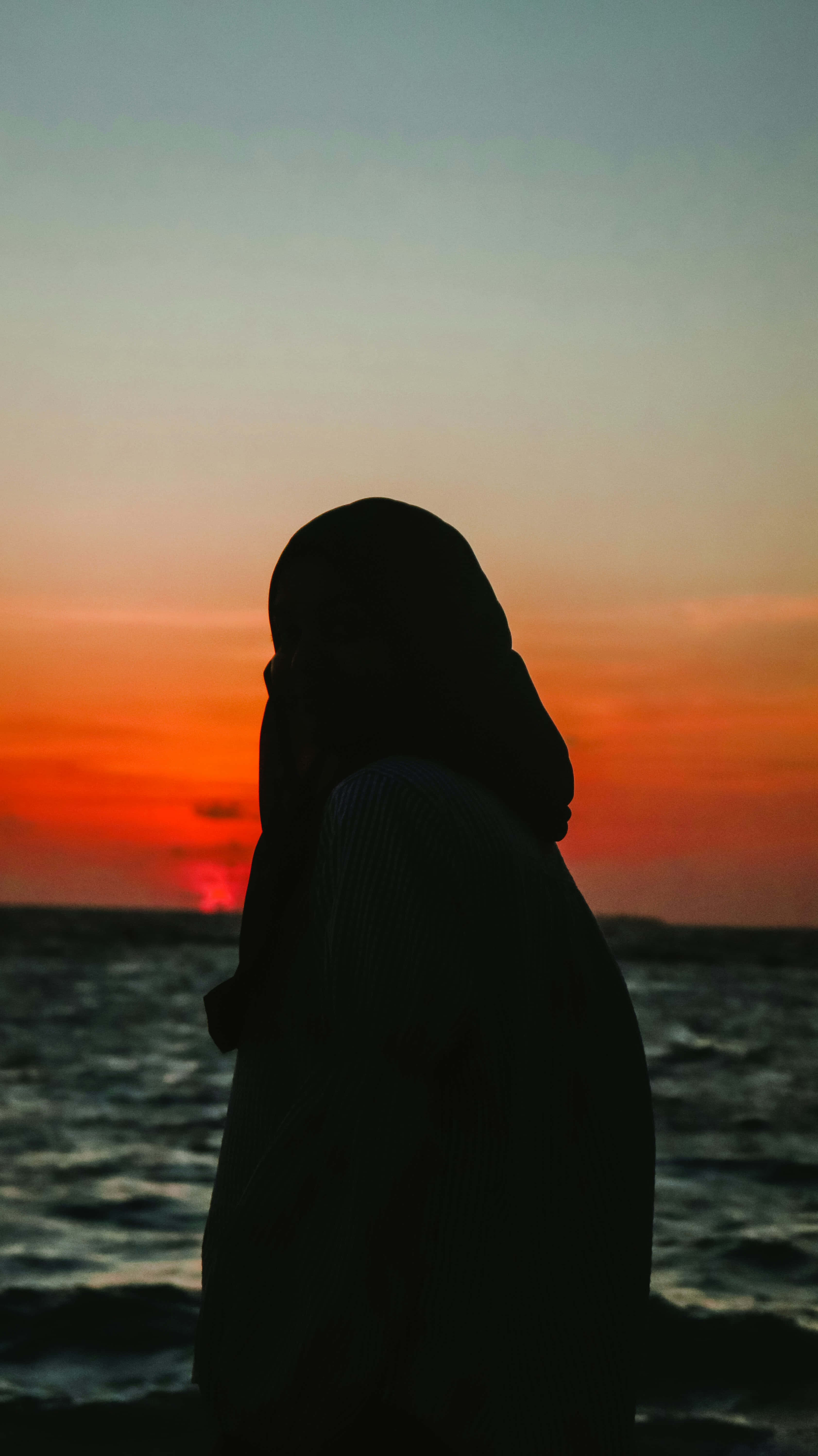 sunset silhouette, beach girl, ocean's edge, 5K Phone Wallpaper