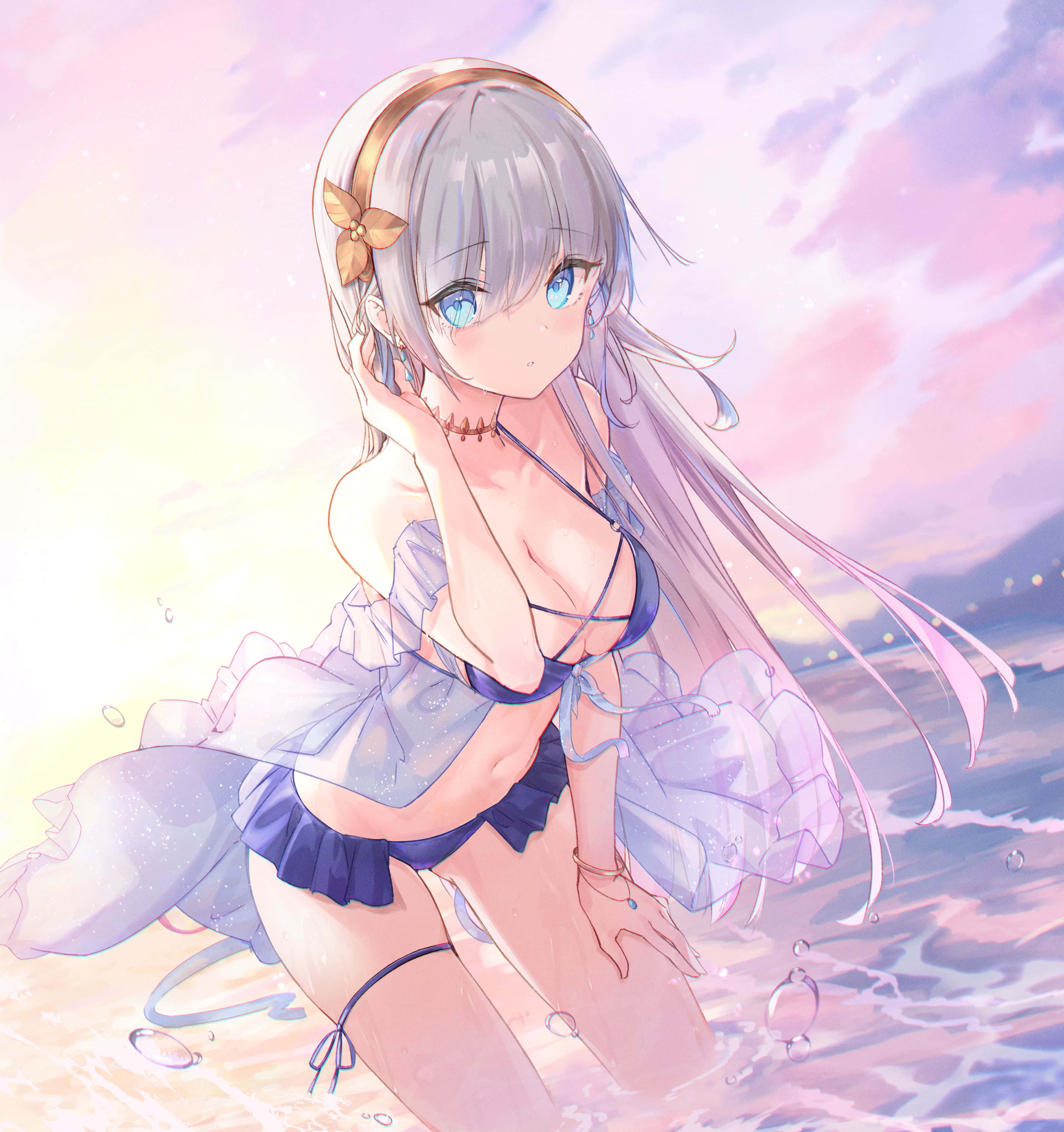 silver-haired anime girl, blue frilly swimsuit, pastel pink and purple sunset sky, 2K Phone Wallpaper
