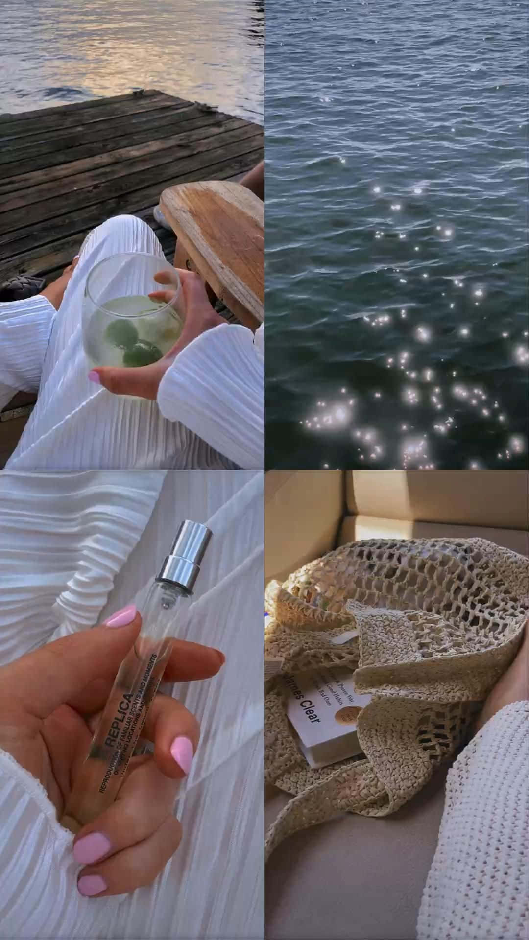 serene beachside moments collage, person relaxing by water, holding a drink, Full HD Phone Wallpaper