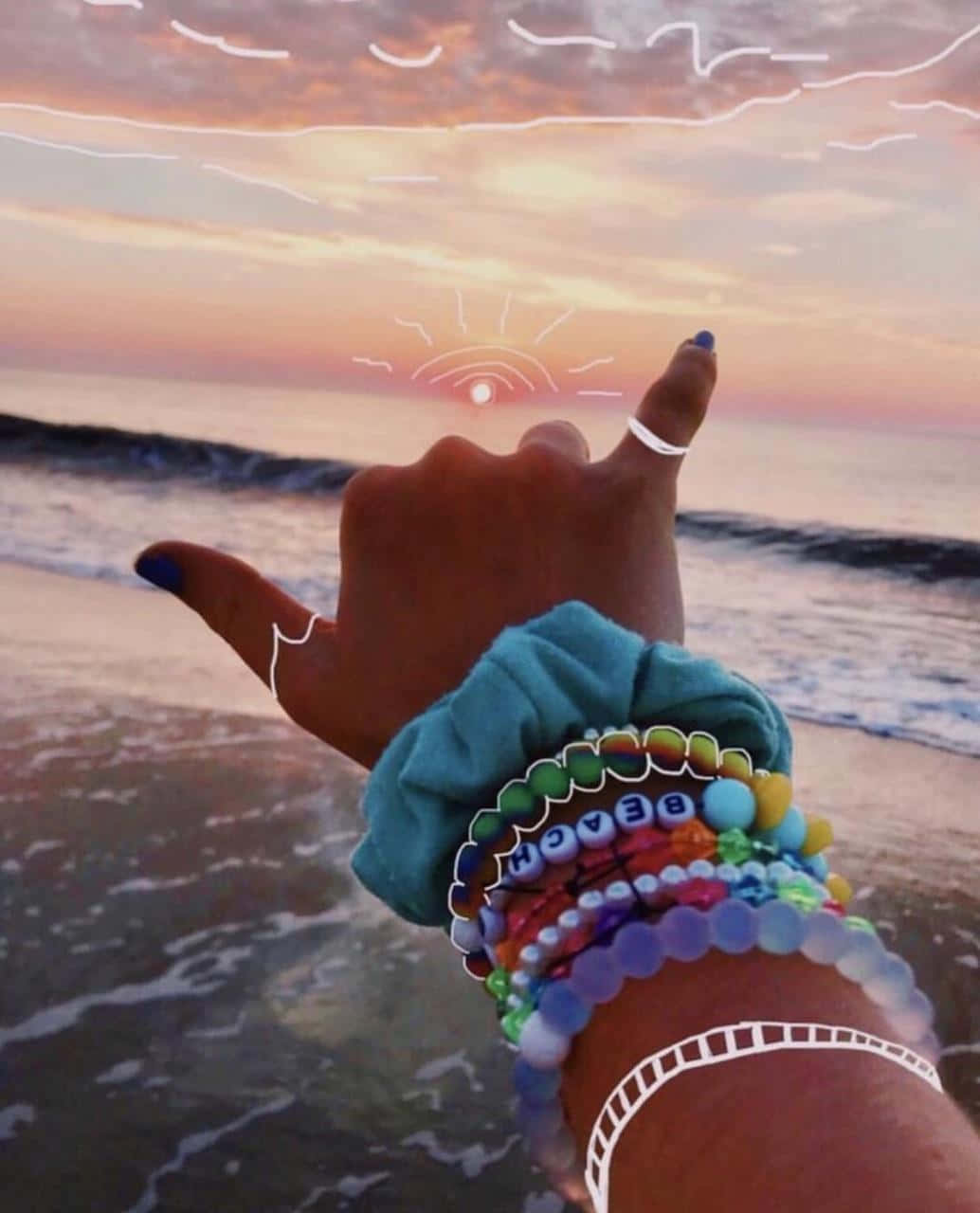 shaka sign, sunset beach, colorful bracelets, HD Phone Wallpaper