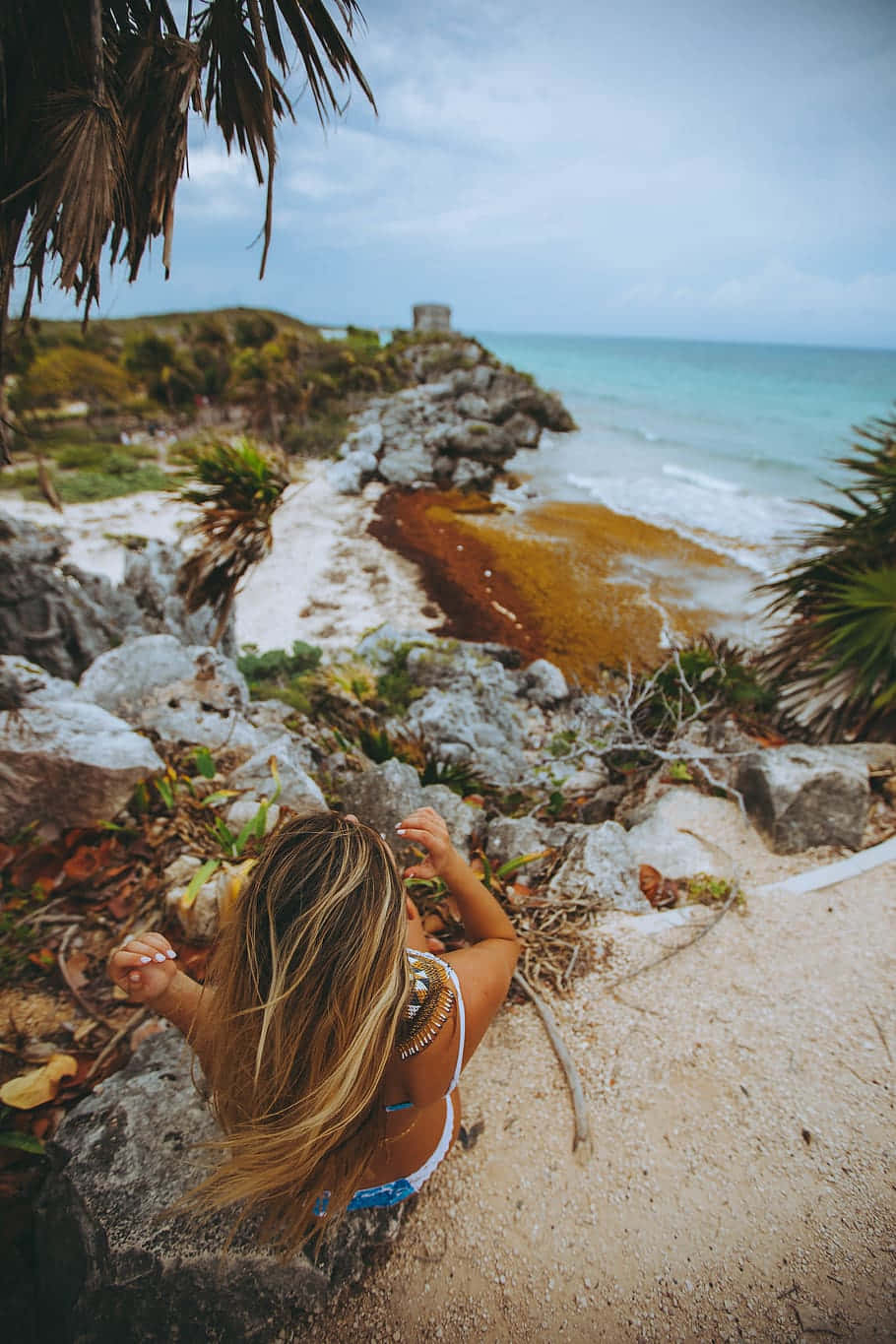 Beach Girl Aesthetic, ocean view cliff, white bikini, HD Phone Wallpaper