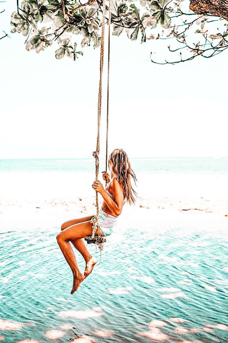 tropical beach, white bikini, rope swing, SD Phone Wallpaper
