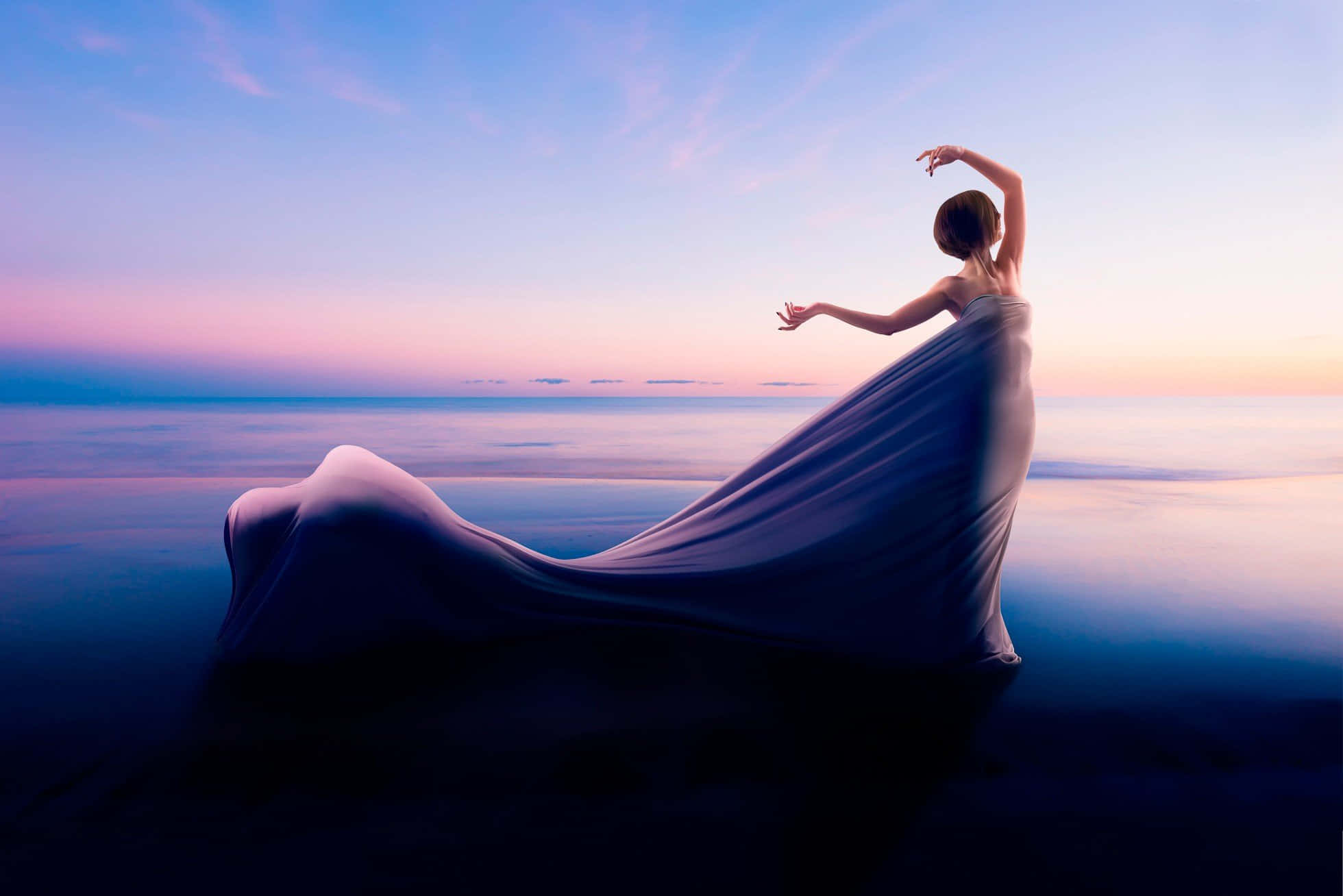 stunning girl on beach, sunset, calm ocean horizon, Full HD Desktop Wallpaper
