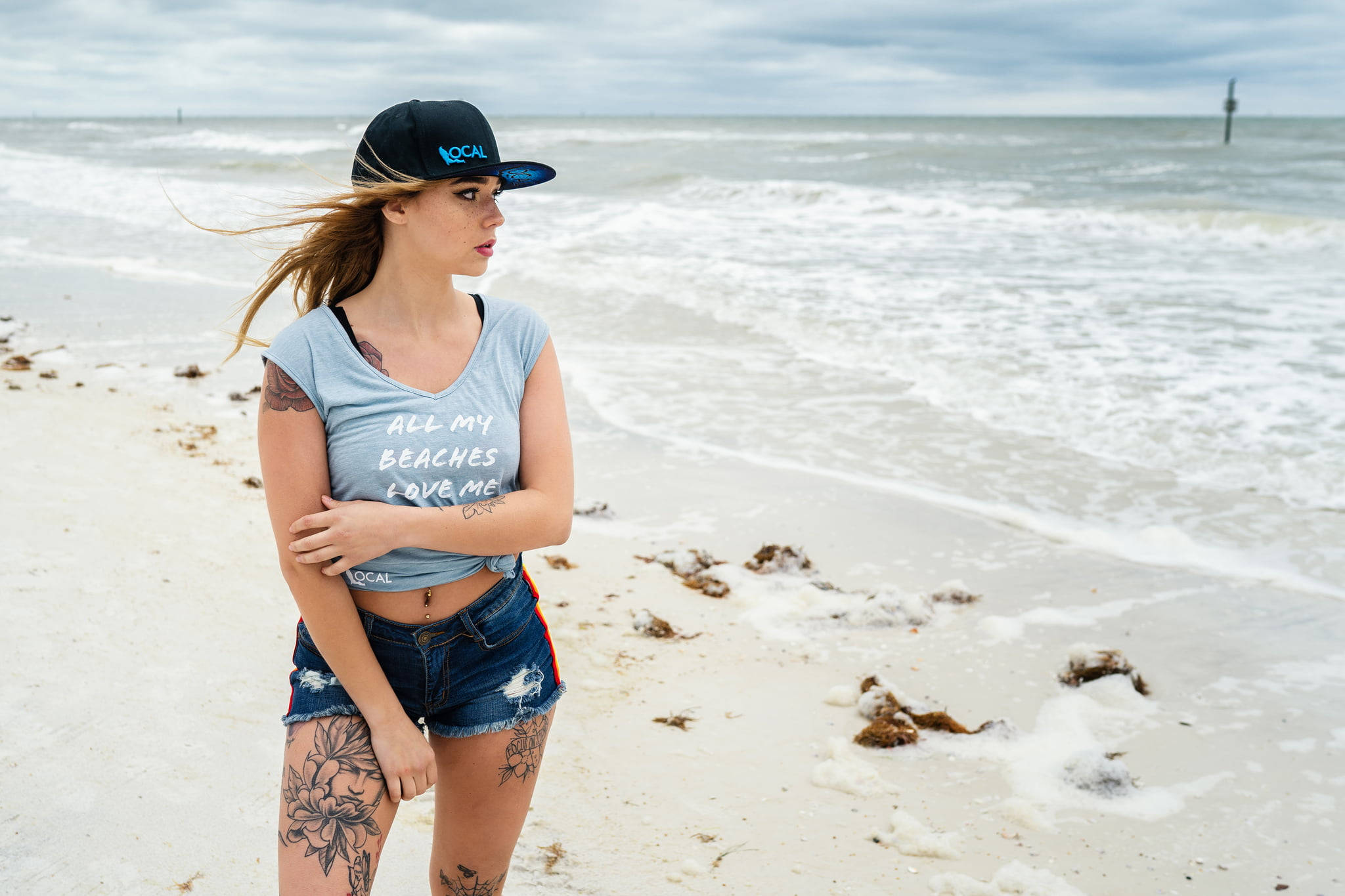Beach Girl, tattoos, cap, Full HD Desktop Wallpaper