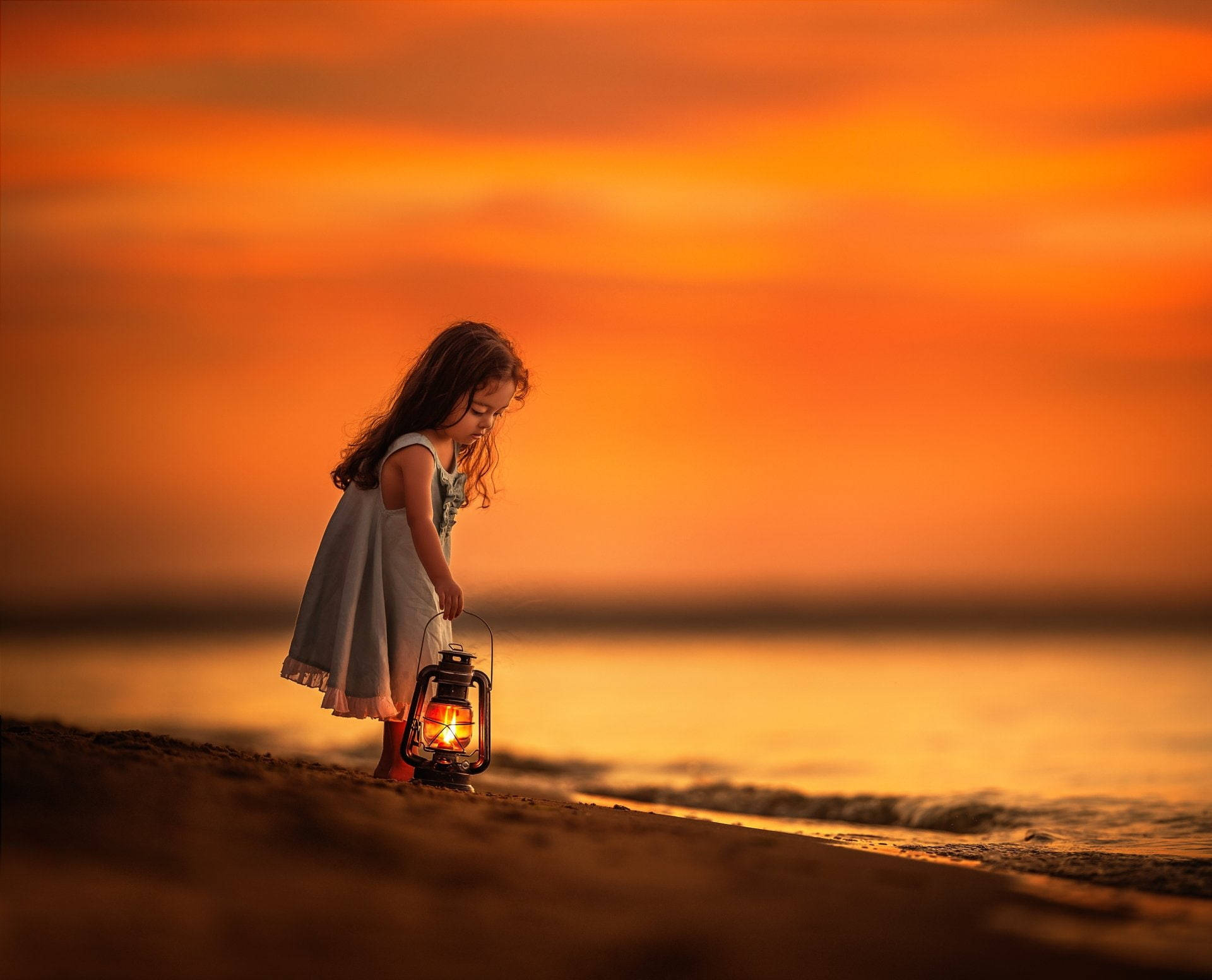 Sunset Beach Girl With Lamp, white dress, beach at sunset, Full HD Desktop Wallpaper
