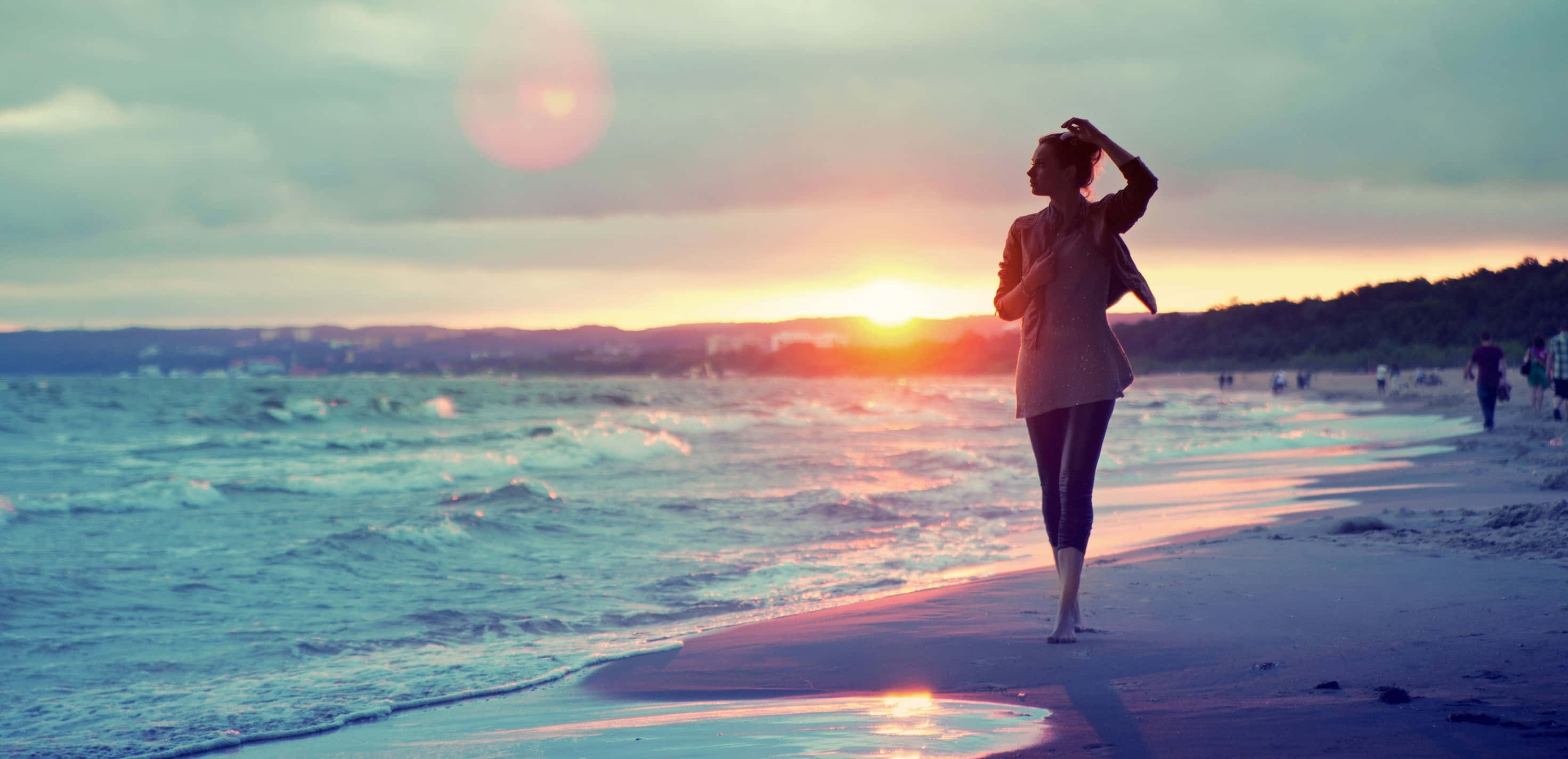 sunset, beach, woman, 2K Desktop Wallpaper