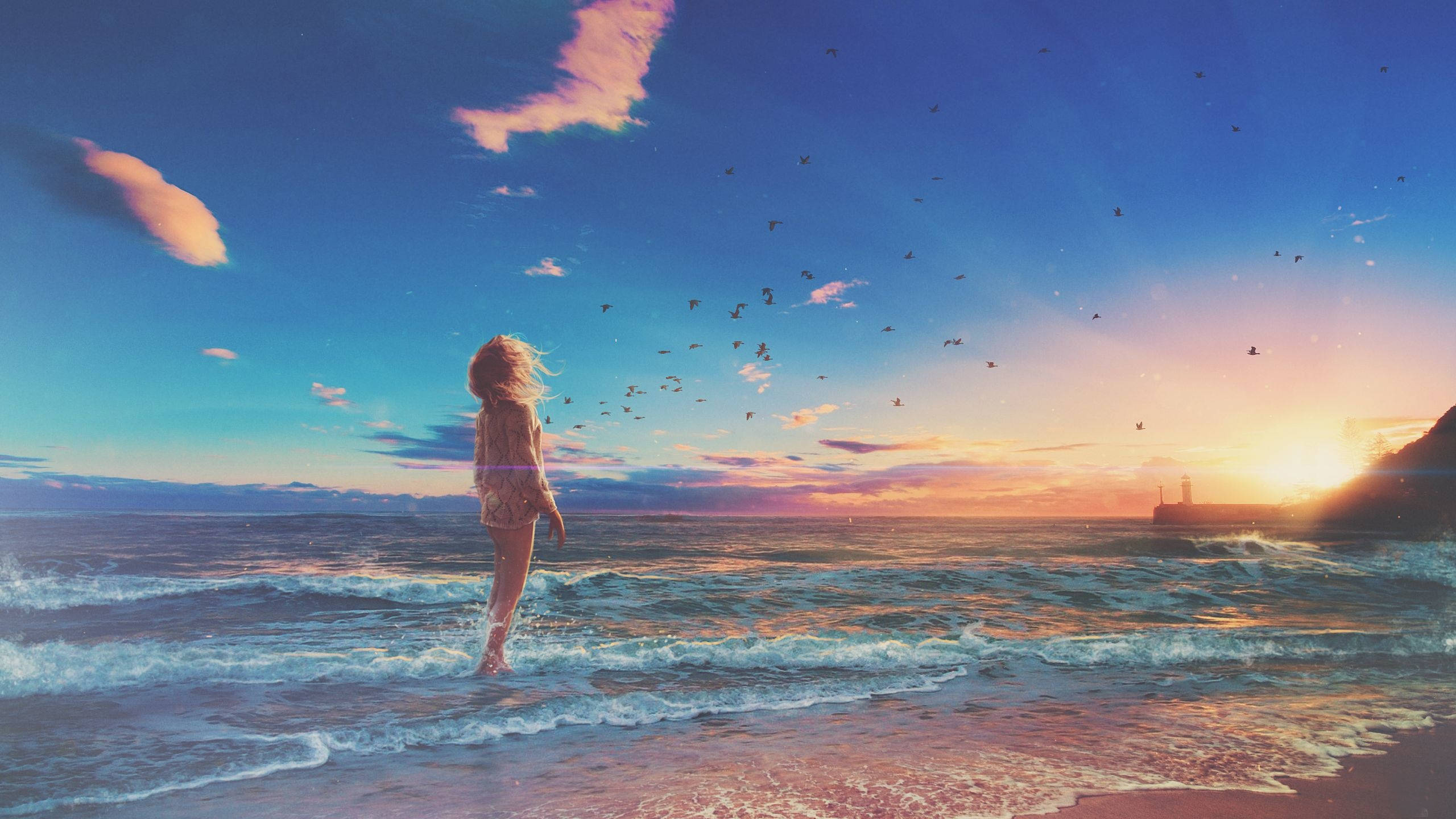 Anime Woman Beach, ocean waves, vibrant sunset sky, 2K Desktop Wallpaper