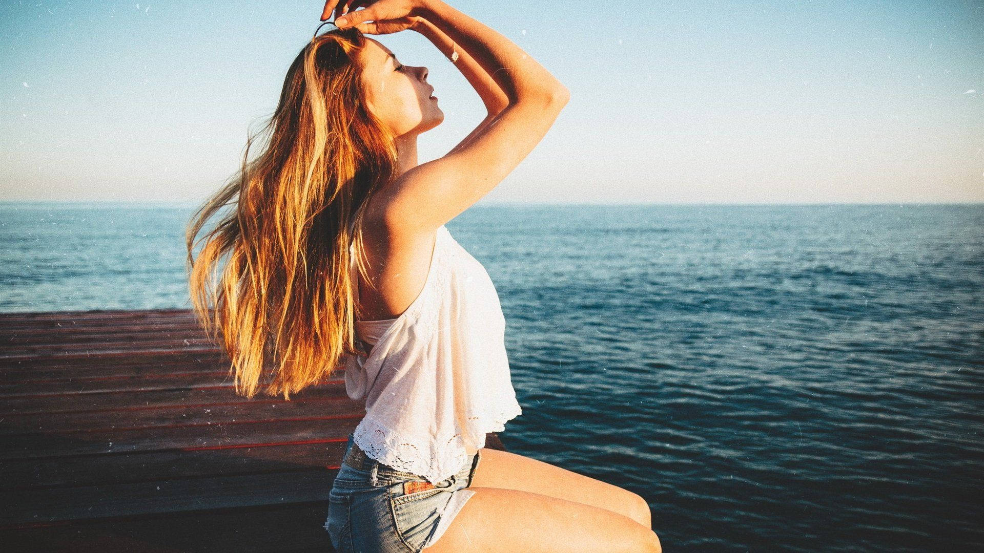 blonde woman, wooden dock, ocean, Full HD Desktop Wallpaper