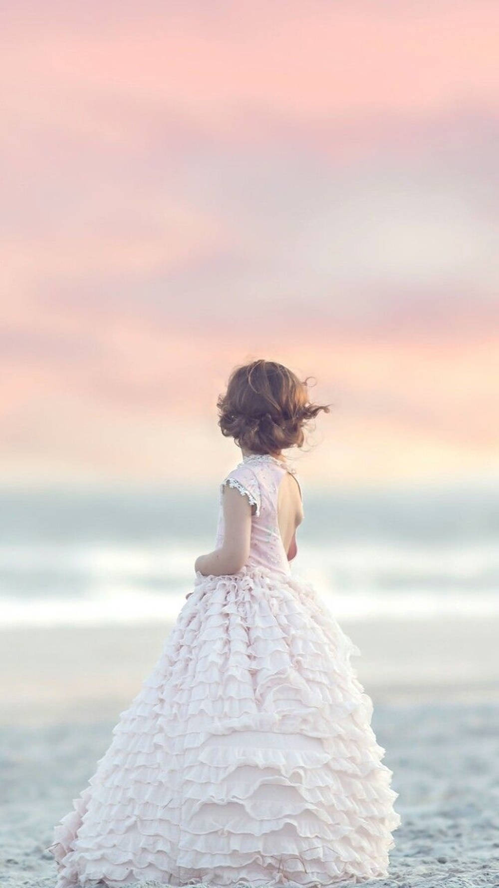 Aesthetic Pink Woman Beach, voluminous white ruffled dress, soft pink and peach sunset, HD Phone Wallpaper