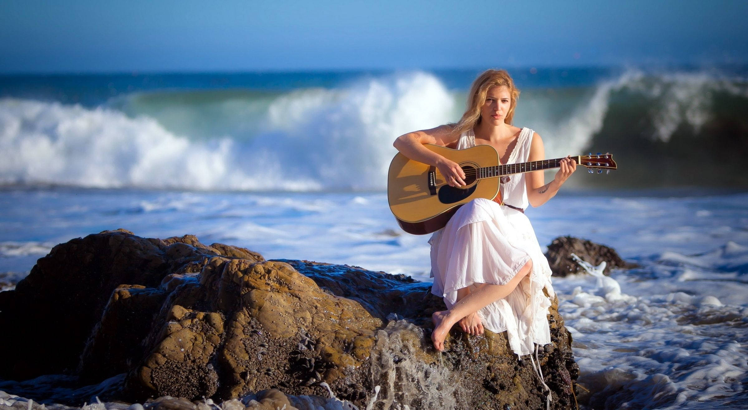 woman, white dress, rocky beach, Full HD Desktop Wallpaper