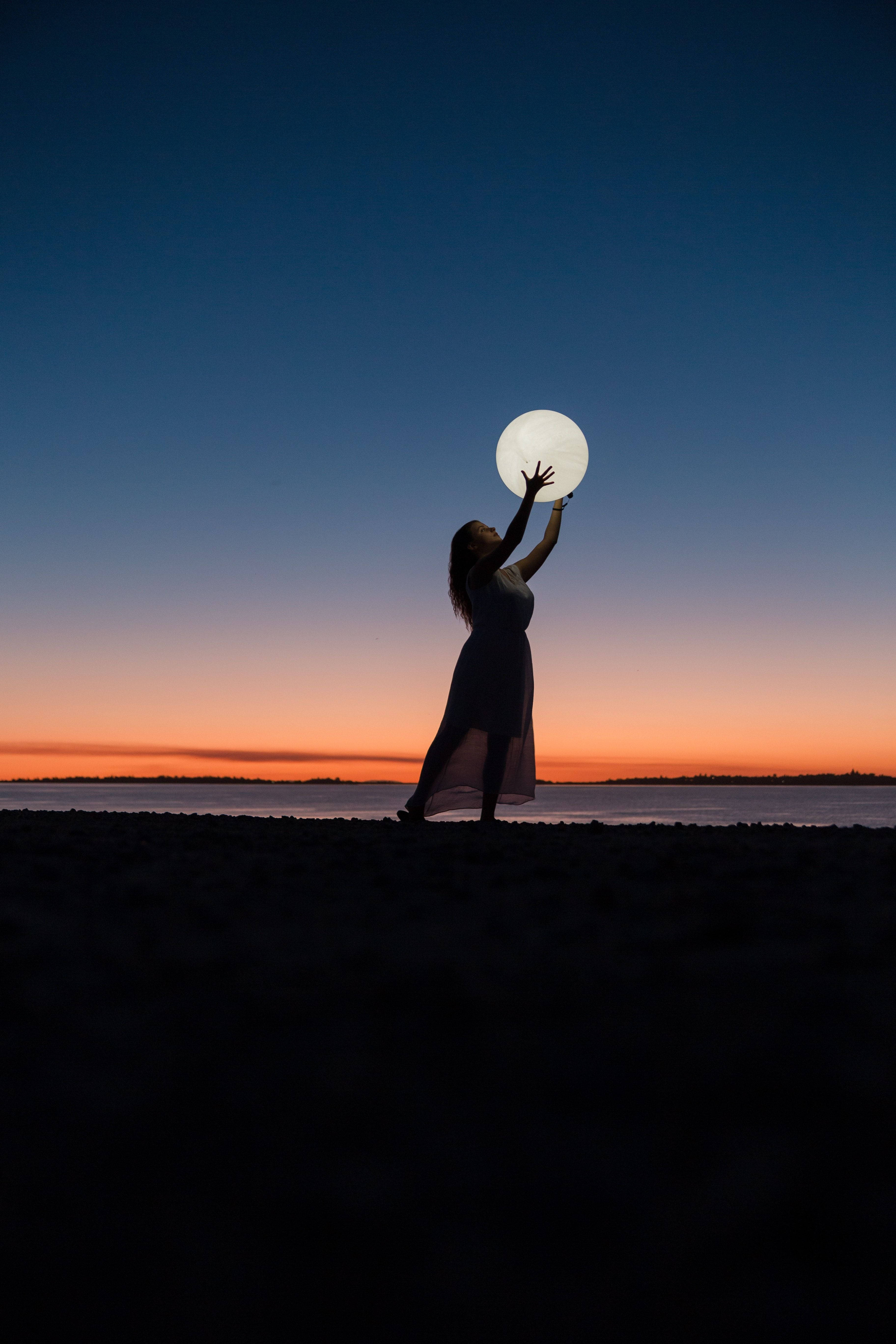 woman, beach, moon, 5K Phone Wallpaper