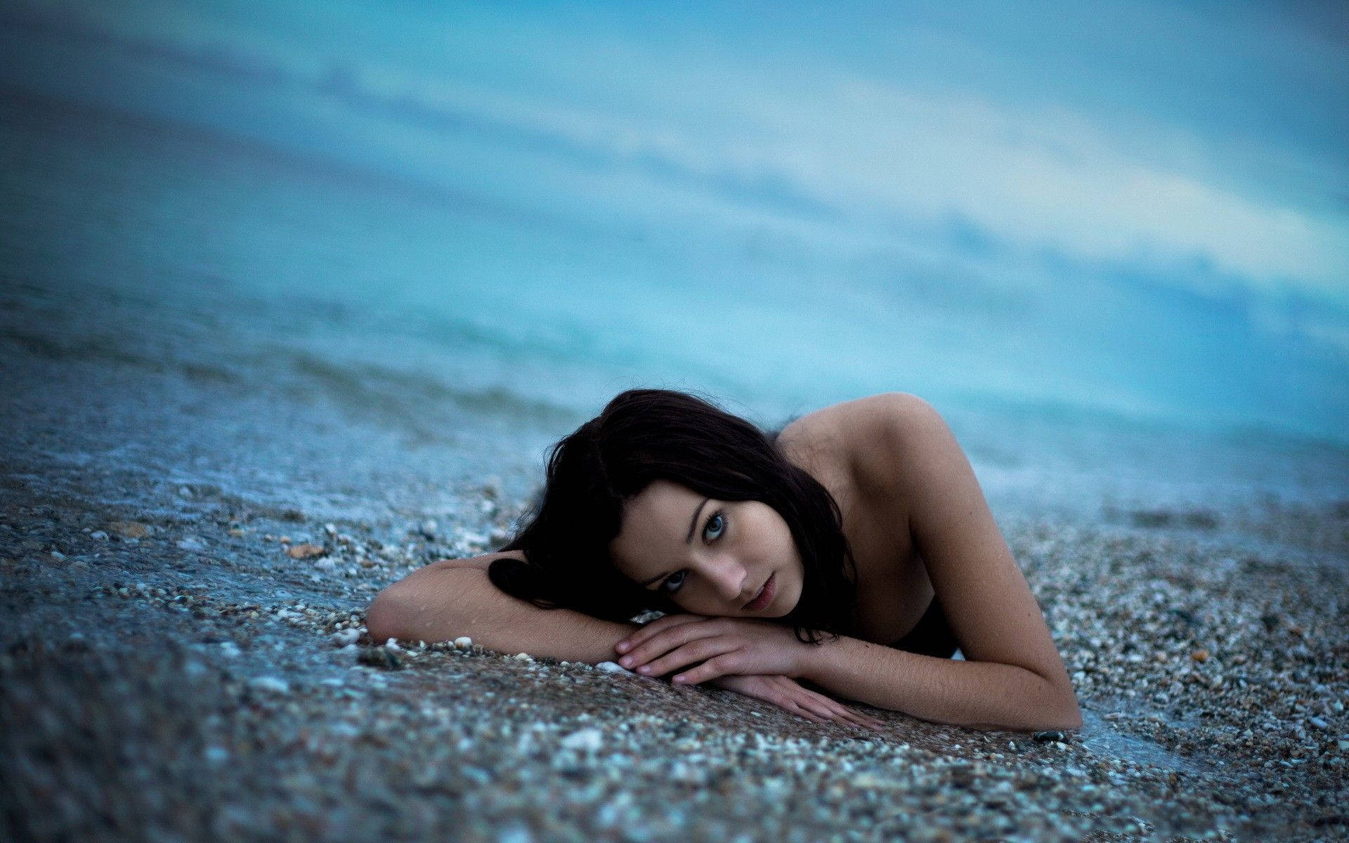dark hair, pebbled beach, cool blue twilight sky, Full HD Desktop Wallpaper