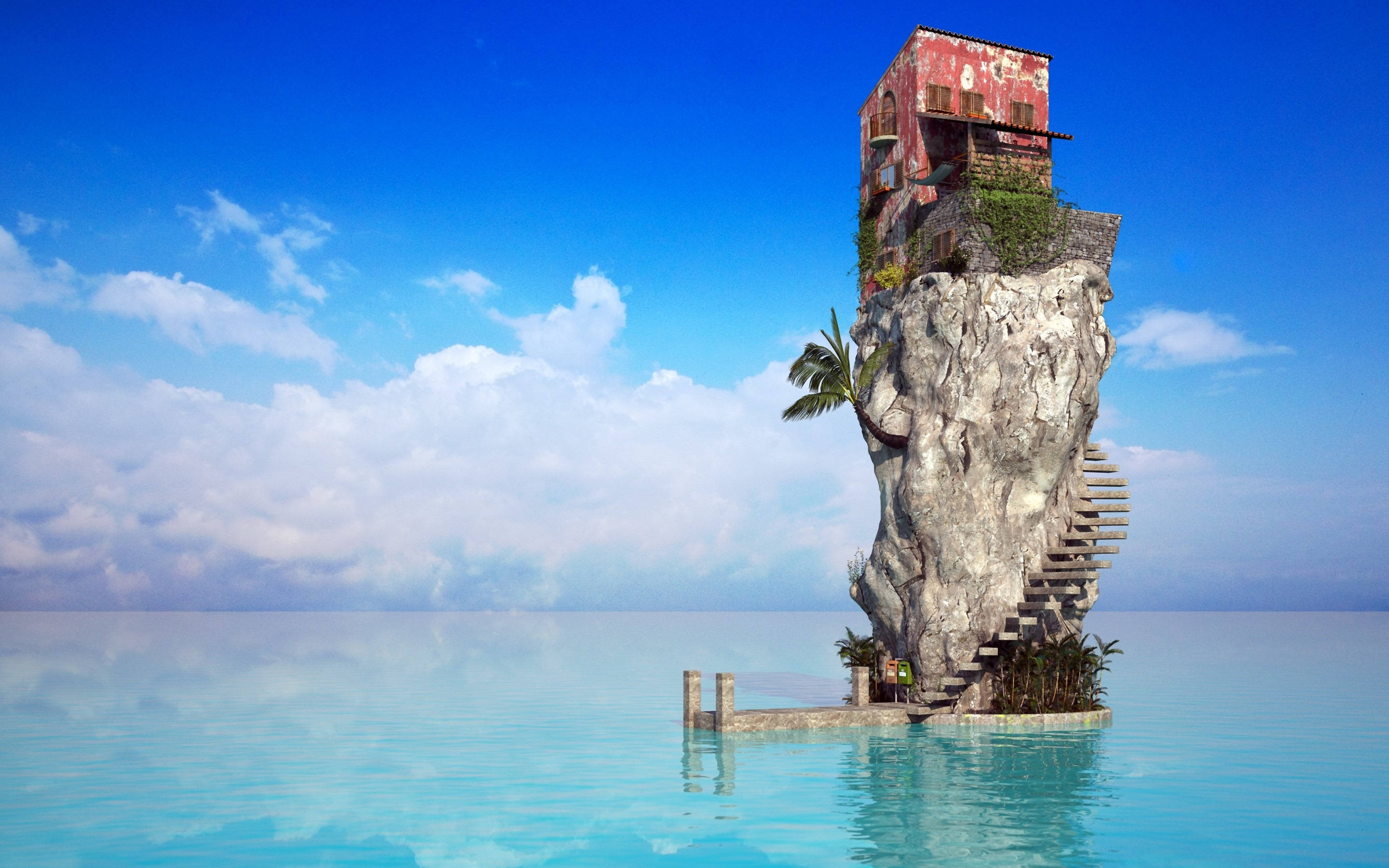 Beach House, rocky island, turquoise water, 2K Desktop Wallpaper