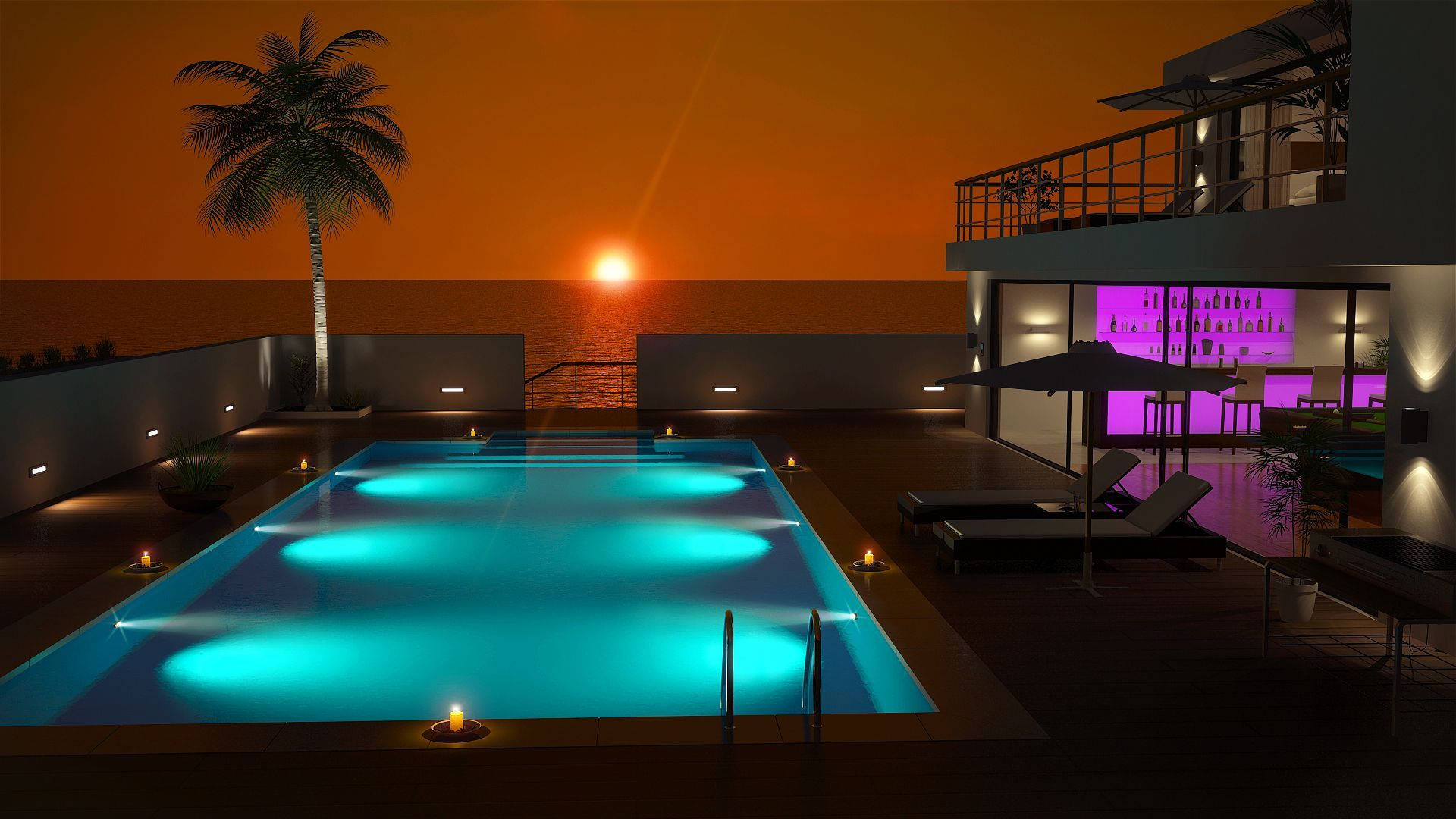 Beach House, sunset, glowing turquoise pool, Full HD Desktop Wallpaper