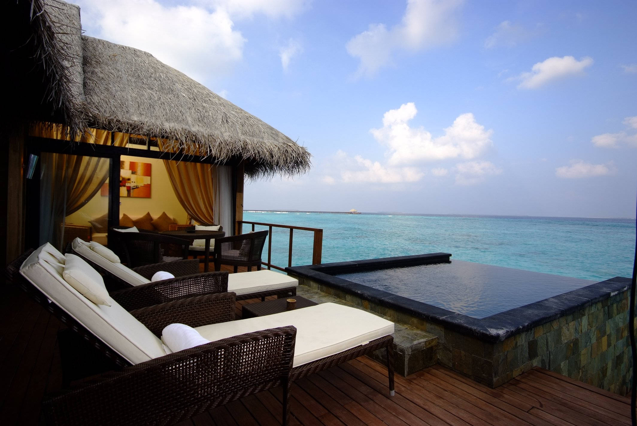 Beach House, overwater villa deck, infinity pool, Full HD Desktop Wallpaper
