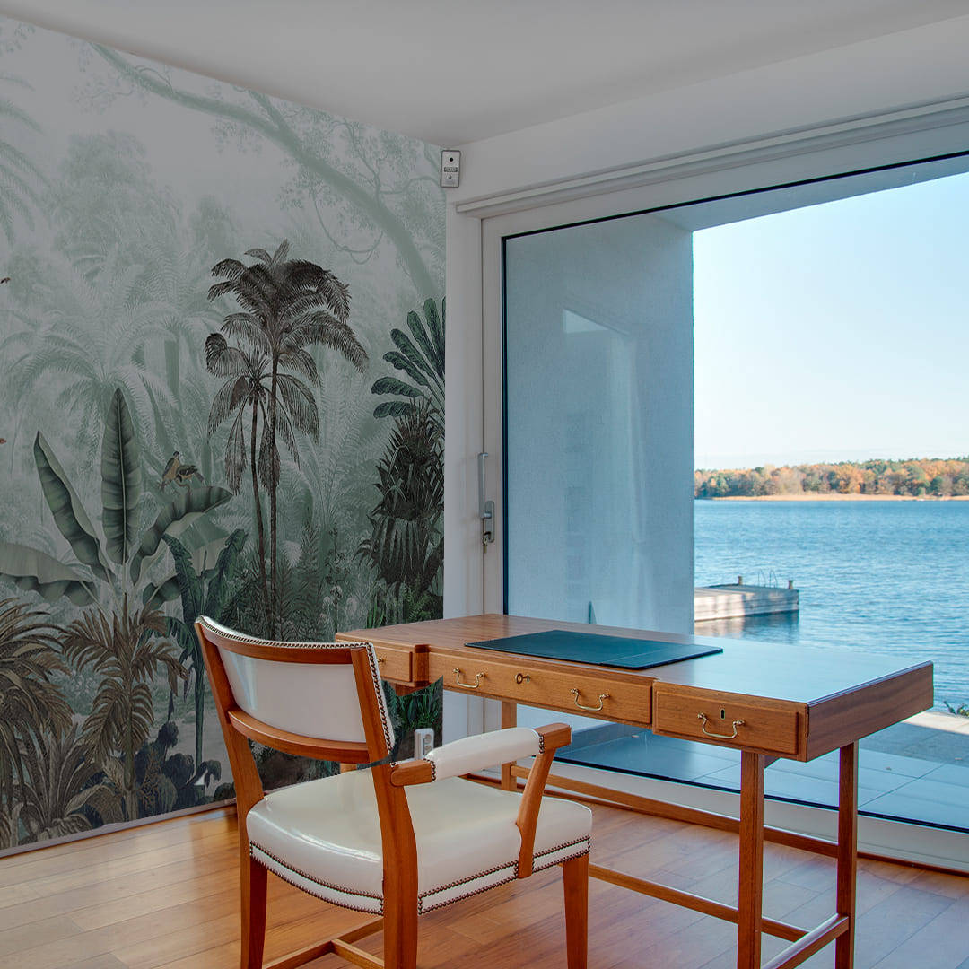 Beach House, glass door, calm lake, SD Desktop Wallpaper