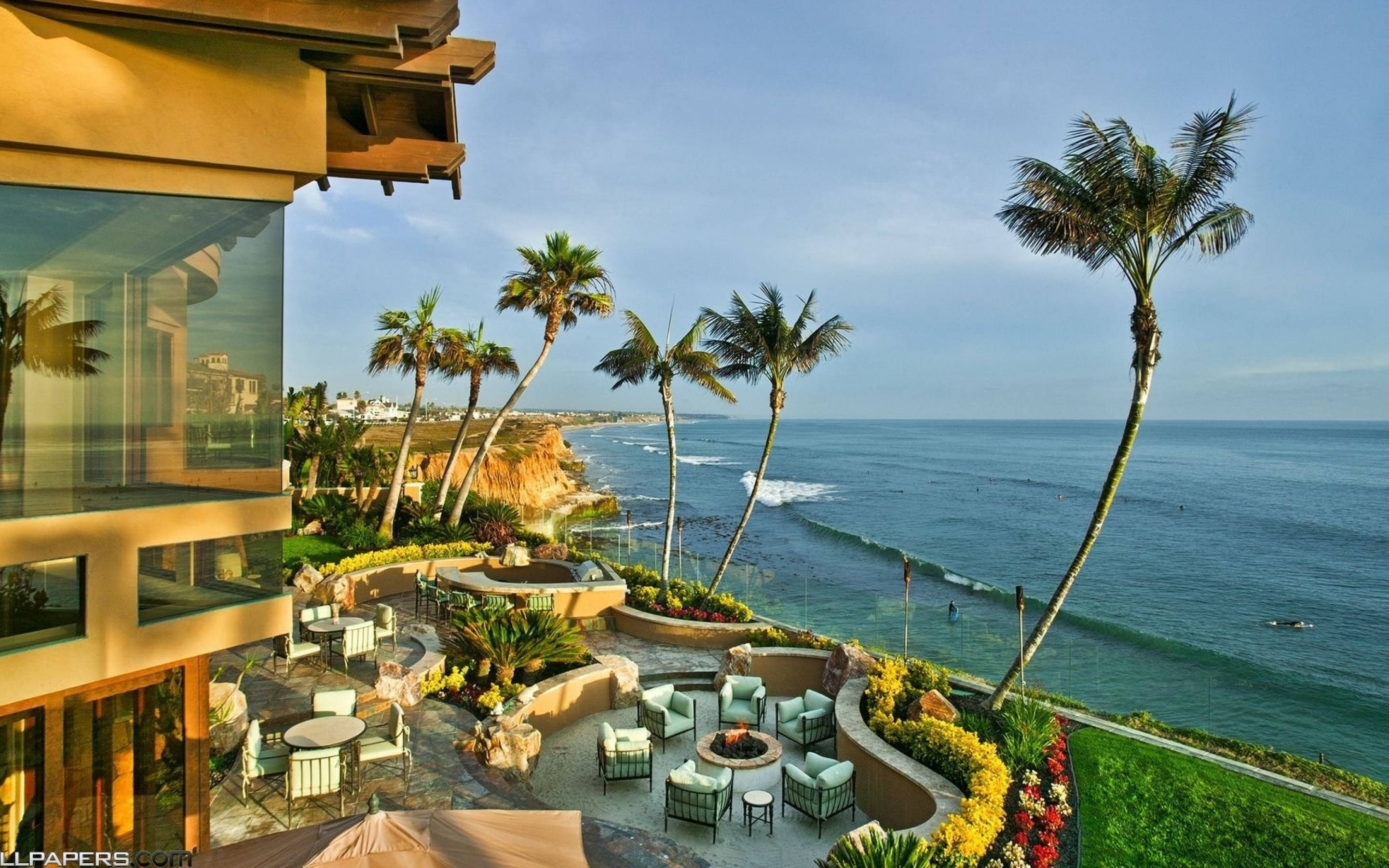 Beach House, terrace, ocean views, 2K Desktop Wallpaper