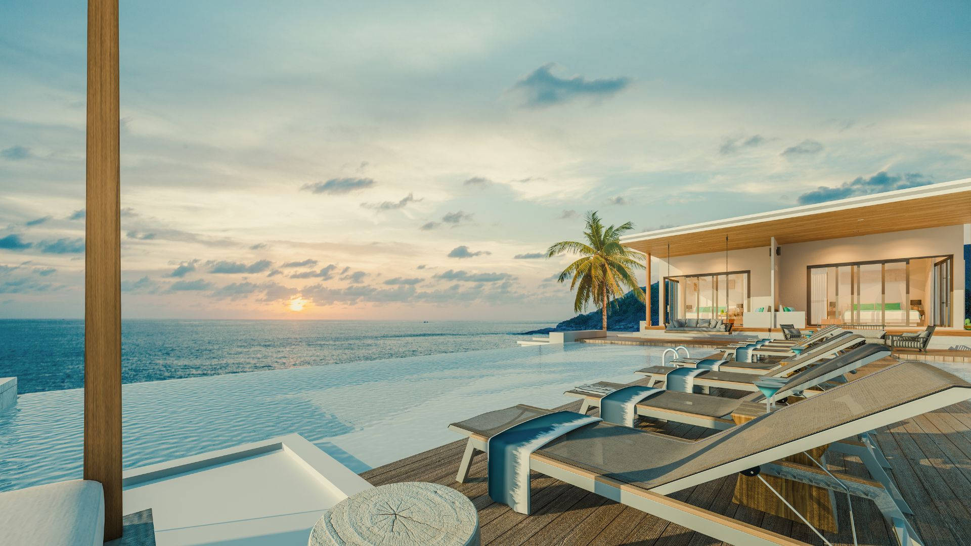 Beach House, infinity pool, sunset, Full HD Desktop Wallpaper