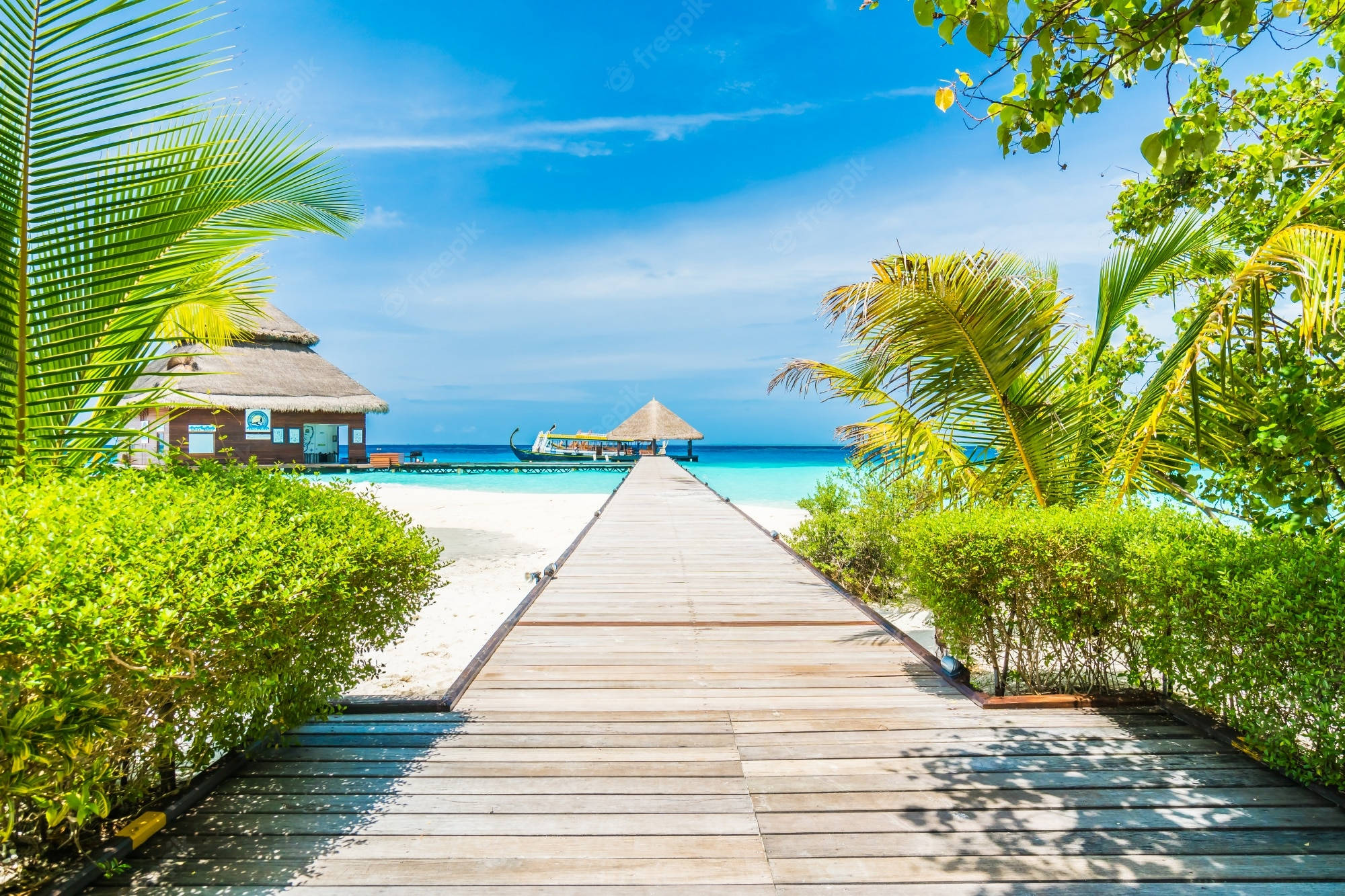 Beach House, wooden walkway, turquoise ocean, Full HD Desktop Wallpaper