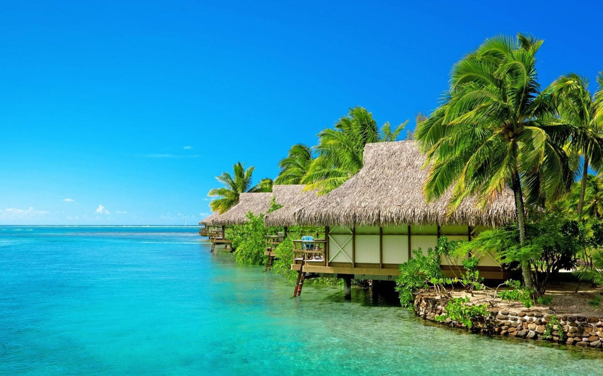 overwater bungalows, thatched roofs, palm trees, Full HD Desktop Wallpaper