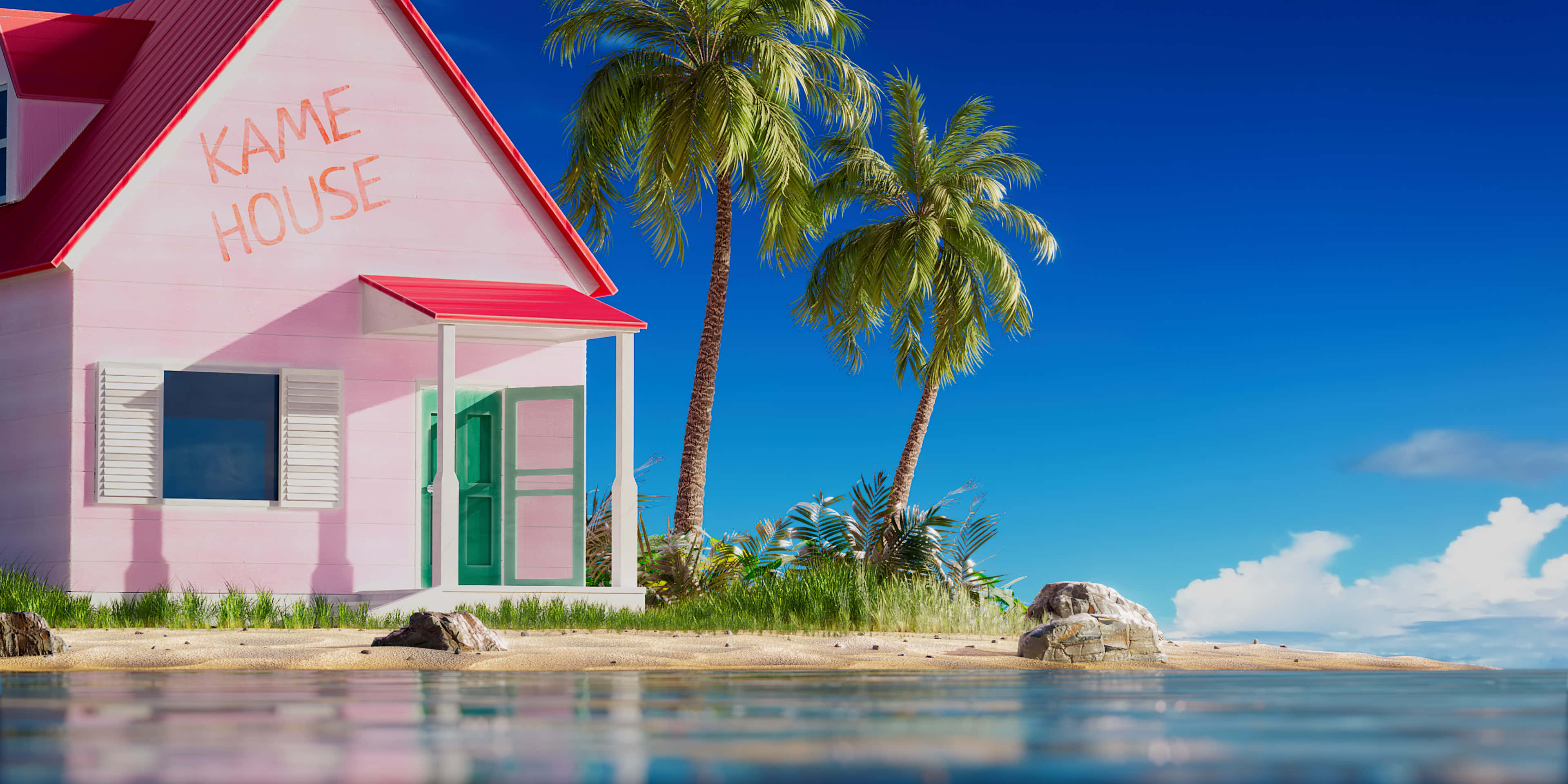 pink house, beach, palm trees, 4K Desktop Wallpaper