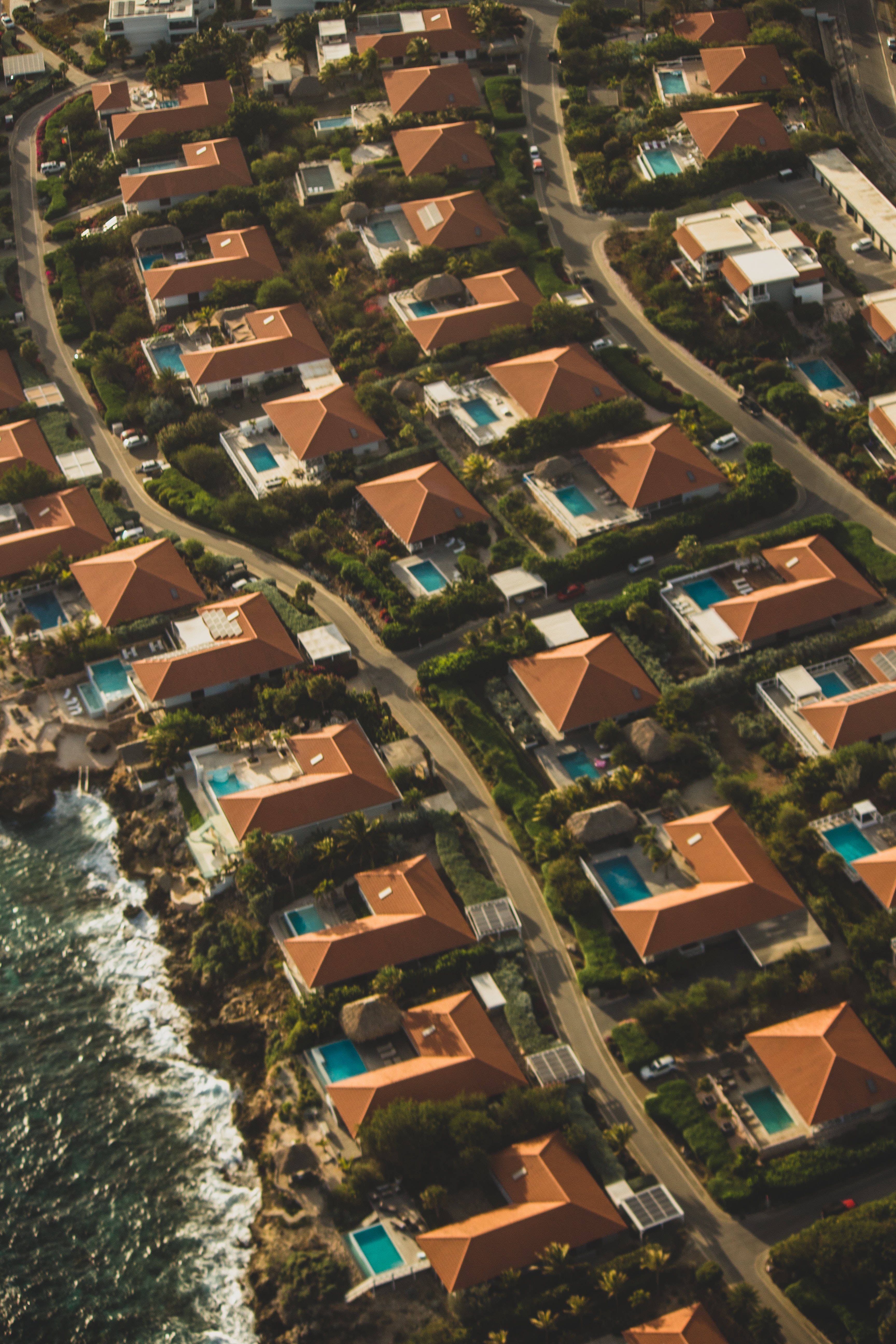 seaside houses, terracotta roofs, private pools, 5K Phone Wallpaper
