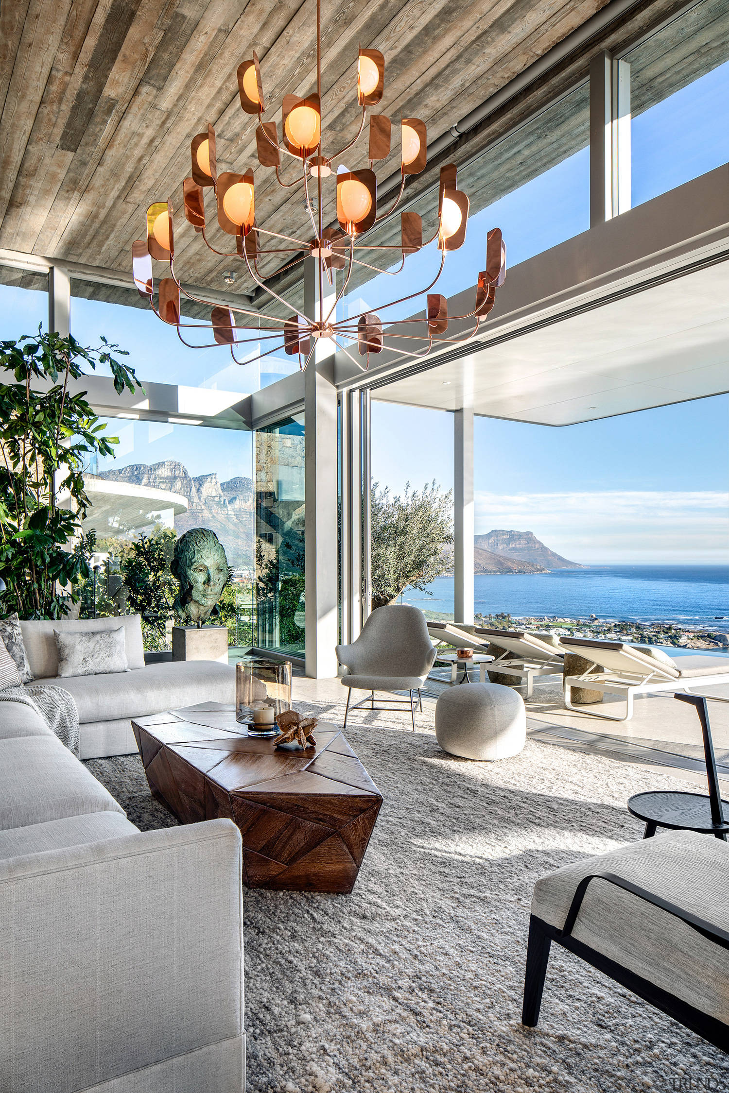 Luxury Beach View Home, modern living room, wooden ceiling chandelier, Full HD Phone Wallpaper