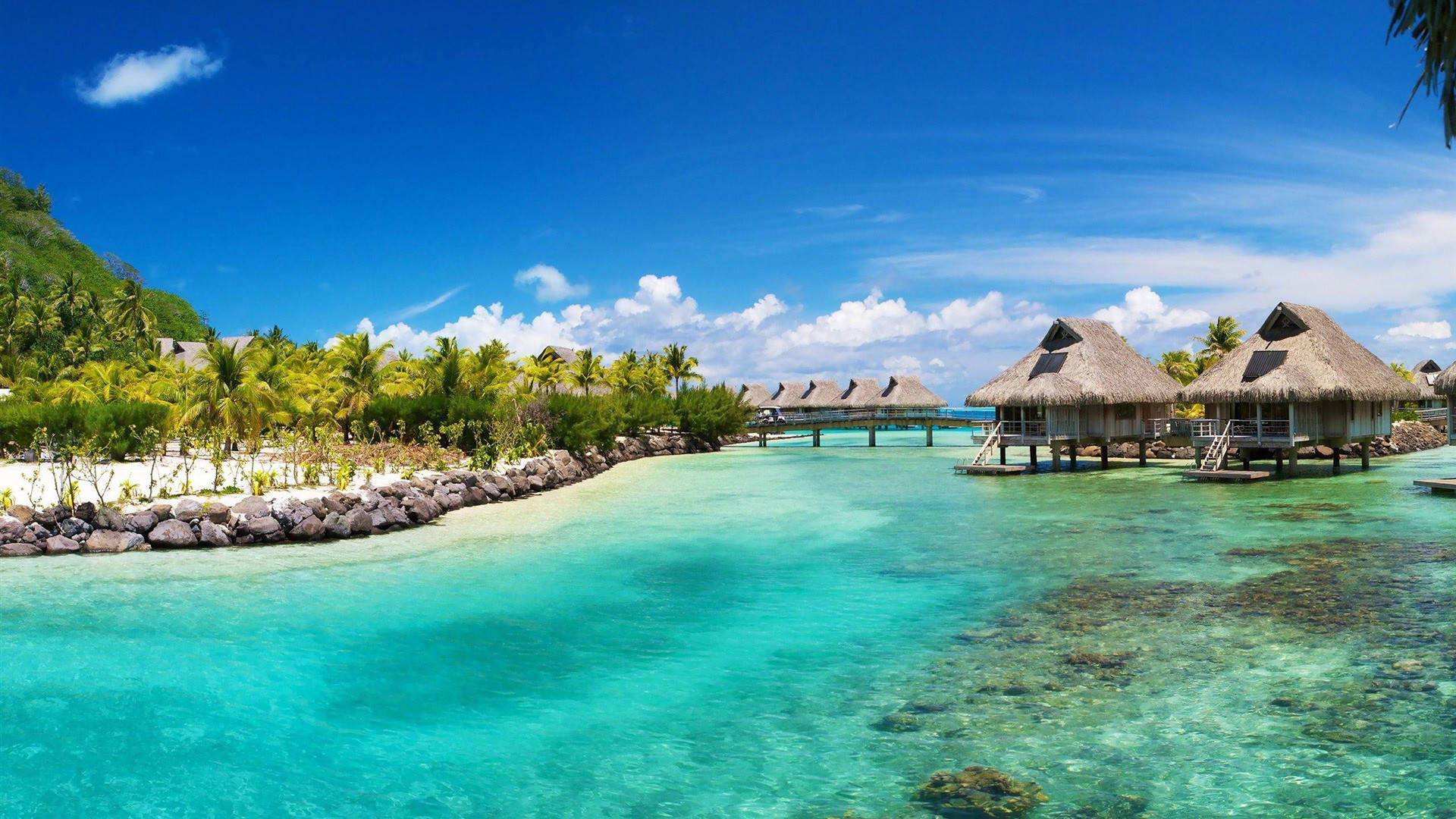 tropical beach huts, overwater bungalows, turquoise lagoon, Full HD Desktop Wallpaper