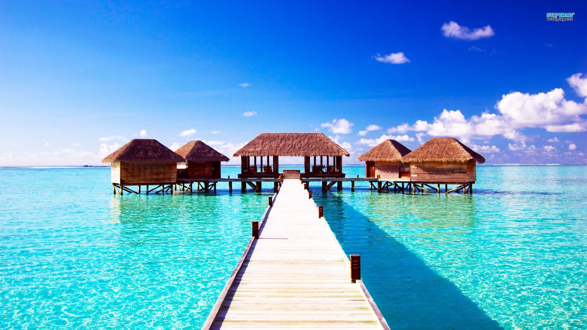 beach nipa huts, thatched roofs, crystal turquoise water, Full HD Desktop Wallpaper
