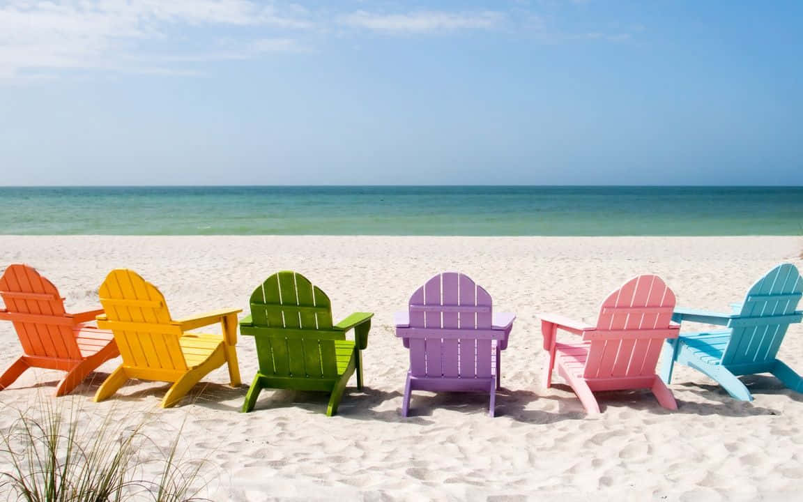Adirondack chairs, white sandy beach, turquoise ocean, SD Desktop Wallpaper