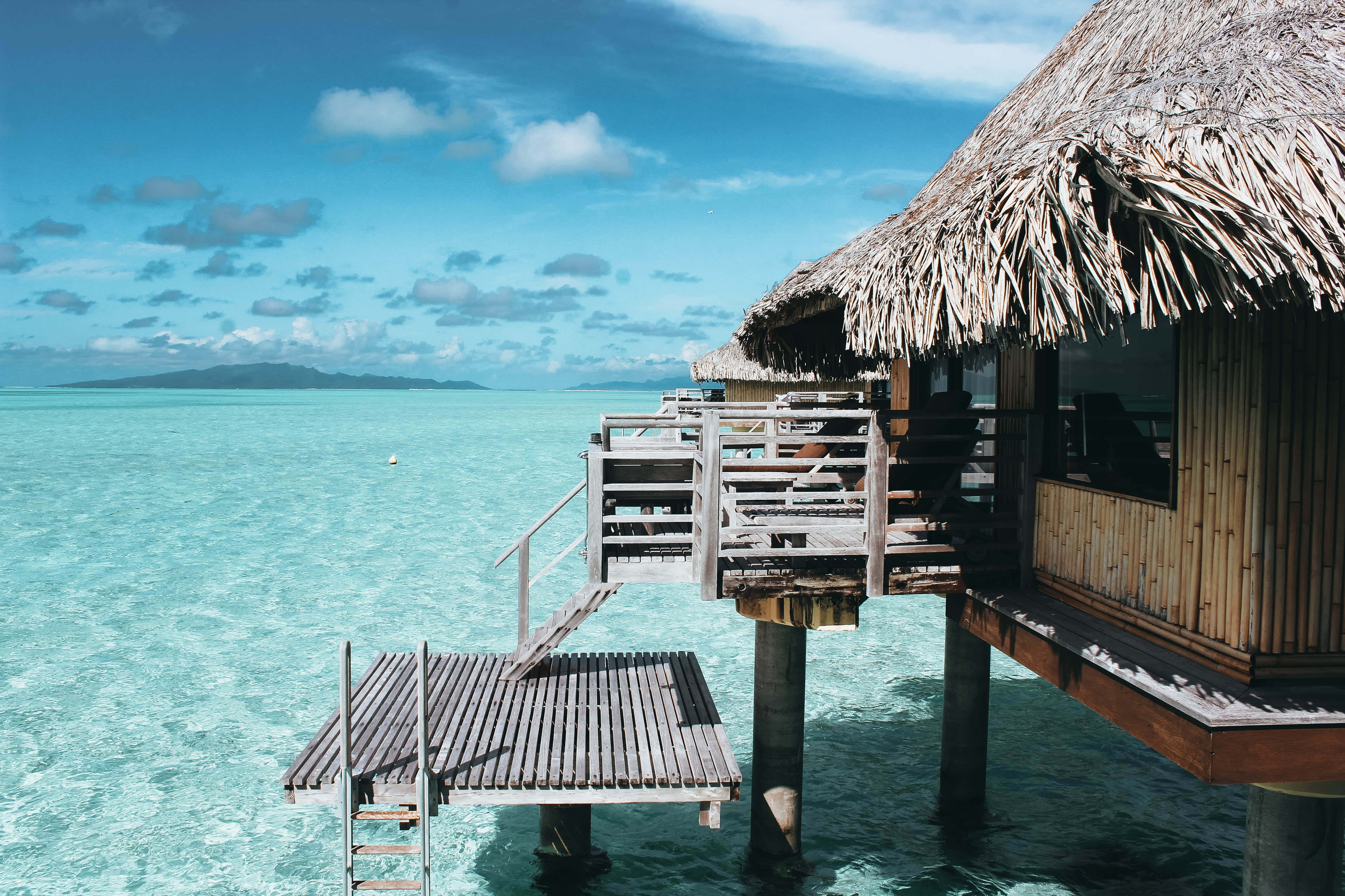 beach huts, wooden overwater bungalow, thatched roof, 5K Desktop Wallpaper