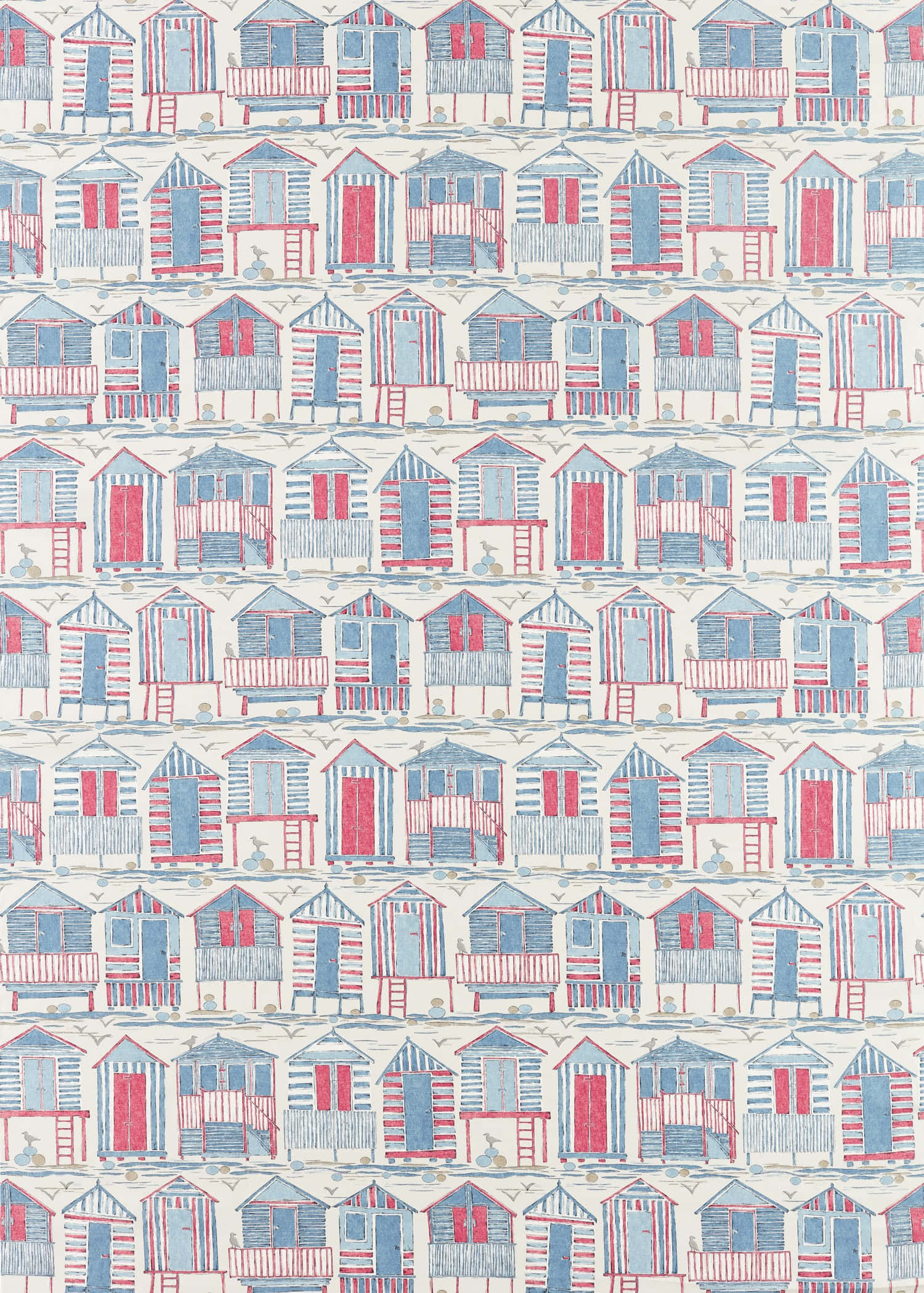 red and blue striped beach huts, cream background, hand-drawn charm, Full HD Phone Wallpaper
