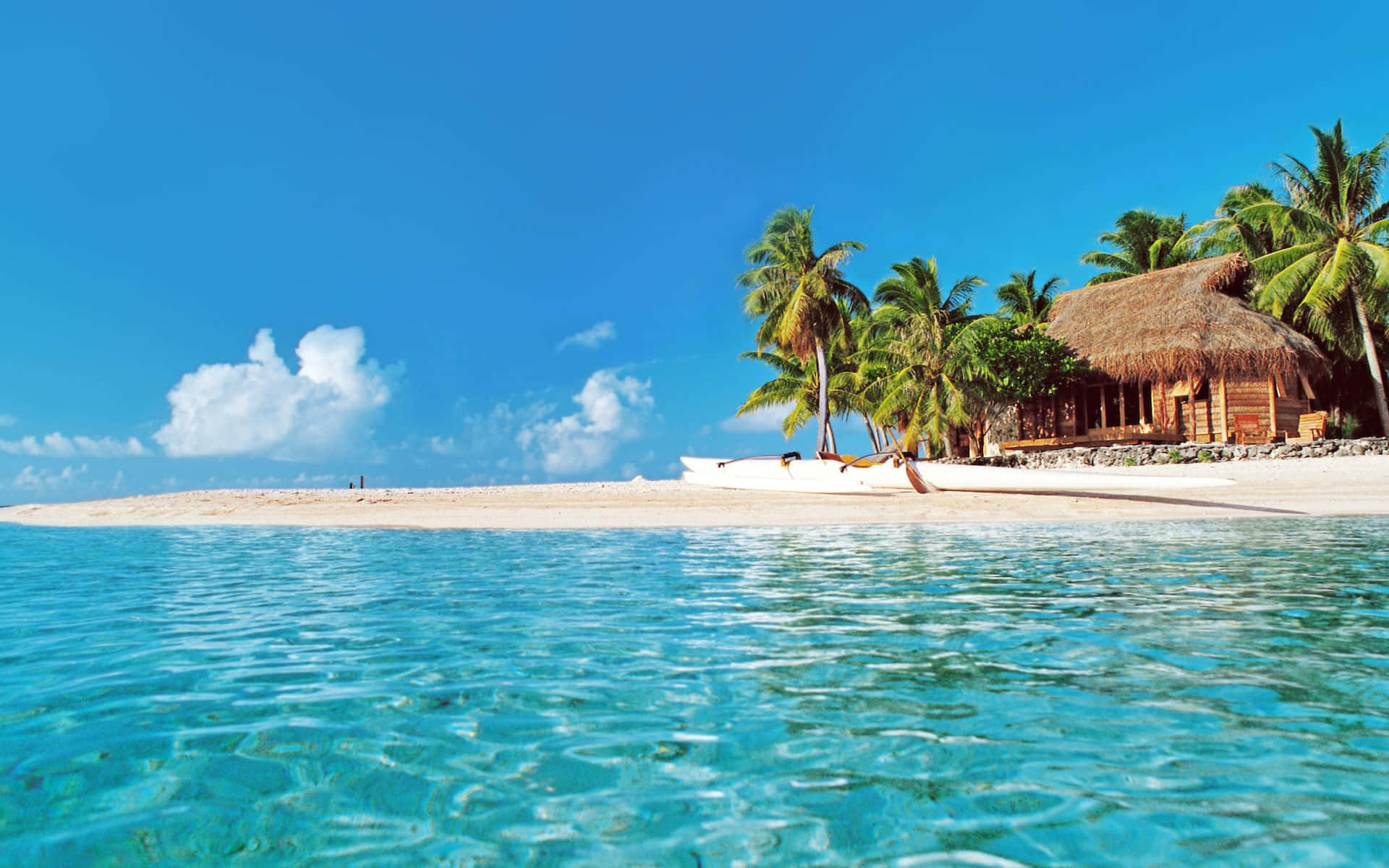 beach huts, tropical seashore, white sand beach, Full HD Desktop Wallpaper